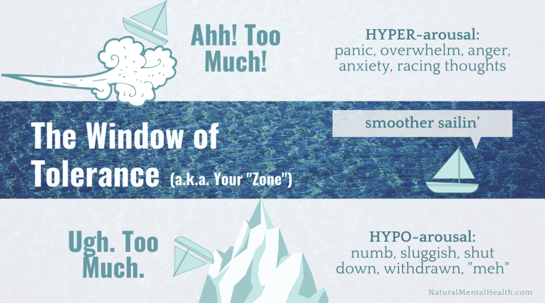 An infographic illustrating the Window of Tolerance, showing the spectrum between hyper-arousal states such as panic and anxiety and hypo-arousal states such as numbness and withdrawal, with the optimal zone of regulation in between