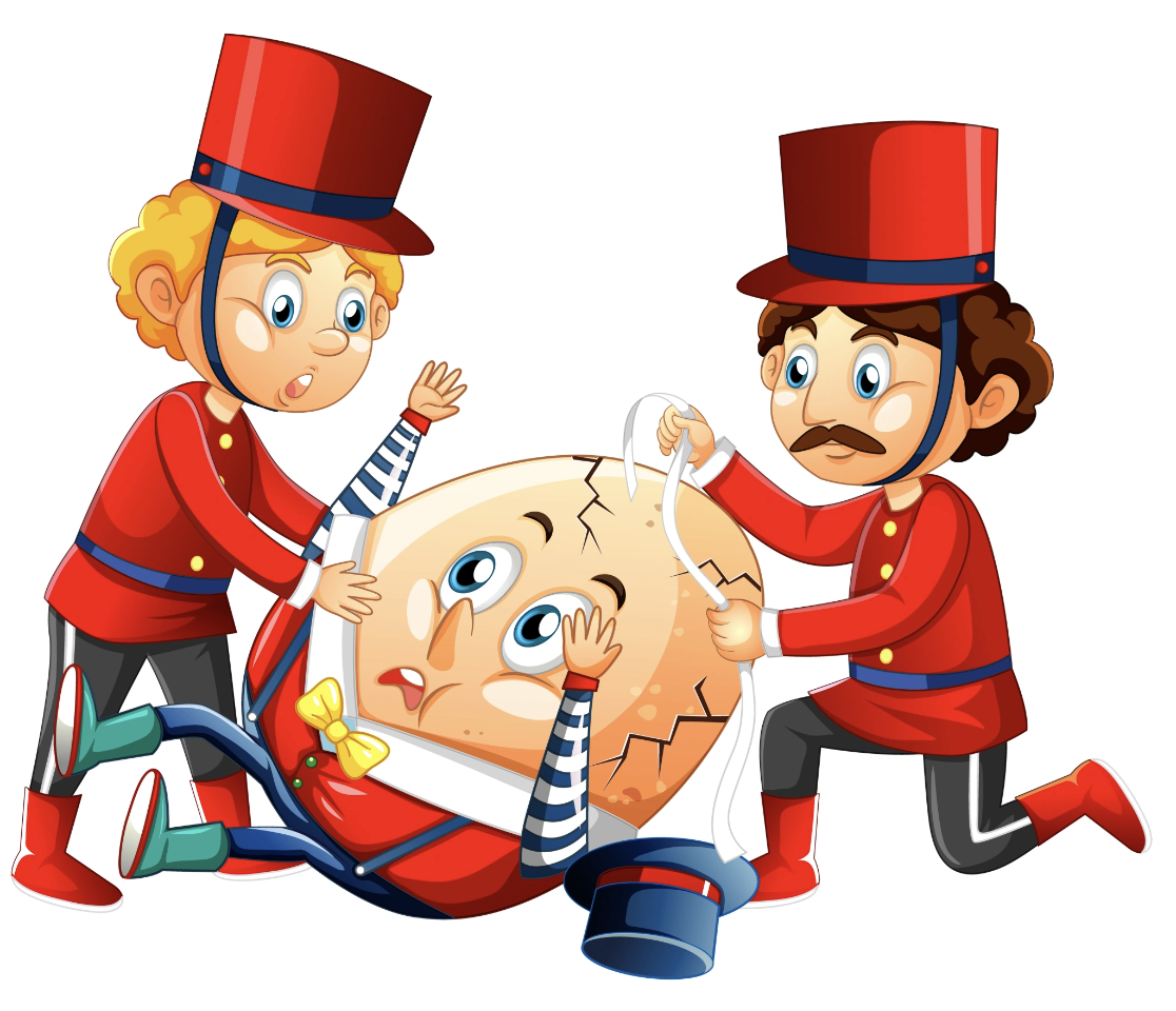 A colorful cartoon illustration of Humpty Dumpty cracked and fallen on the ground while two king's soldiers attempt to help put him back together, used as a playful visual metaphor in a blog post exploring trauma and the limits of trying to return to