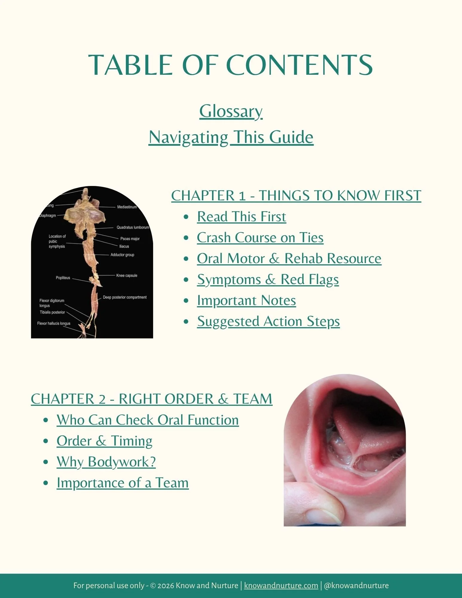 Sample table of contents page from the Tongue-Tie Directory Guide