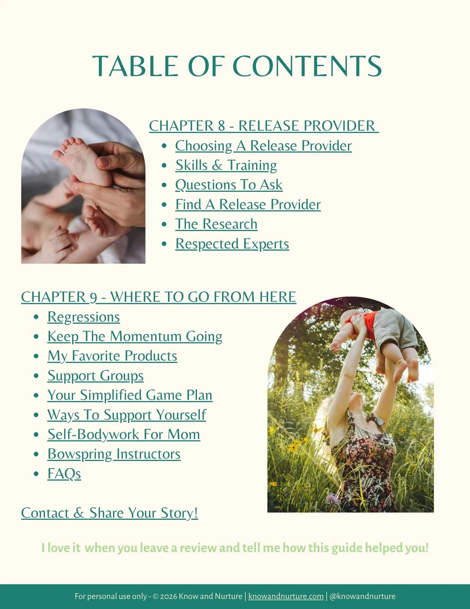 Sample table of contents page from the Tongue-Tie Directory Guide