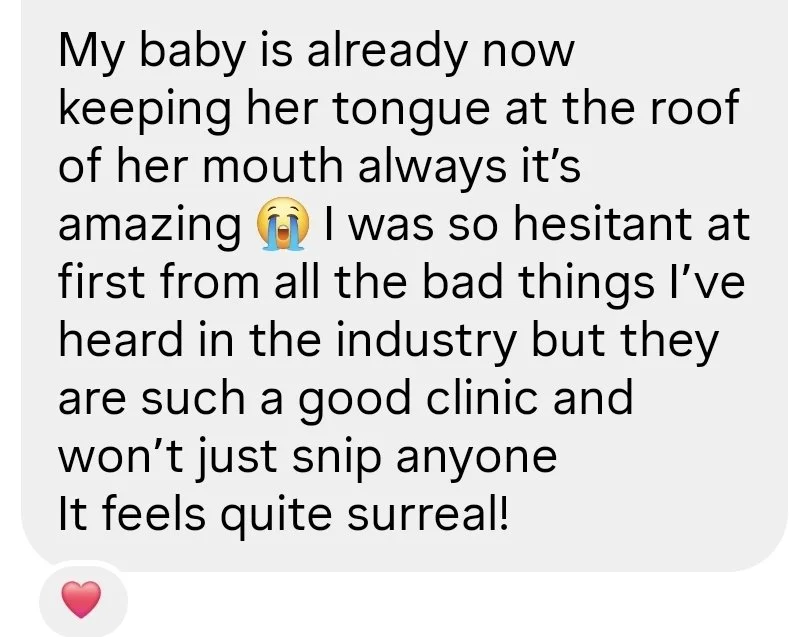 screenshot of text from the mom sharing how baby is keeping her tongue on the roof of the mouth and how surreal the whole experience was
