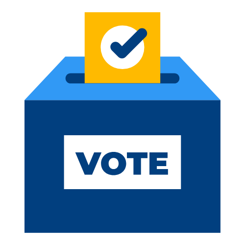 A blue ballot box with a white label reading 'VOTE' and a paper with a check mark being inserted.