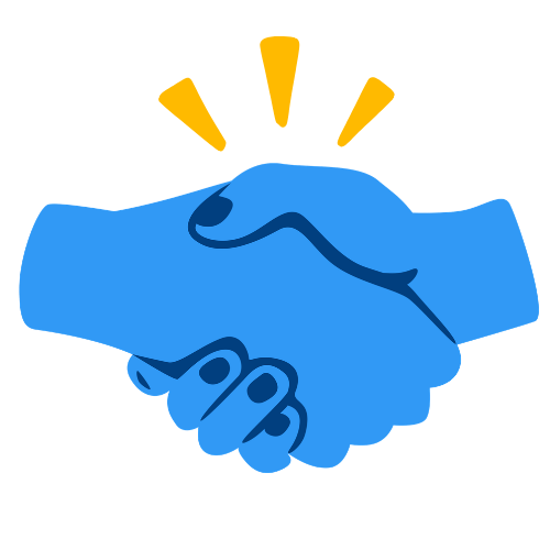 Illustration of two blue hands shaking with yellow lines above, symbolizing agreement or partnership.