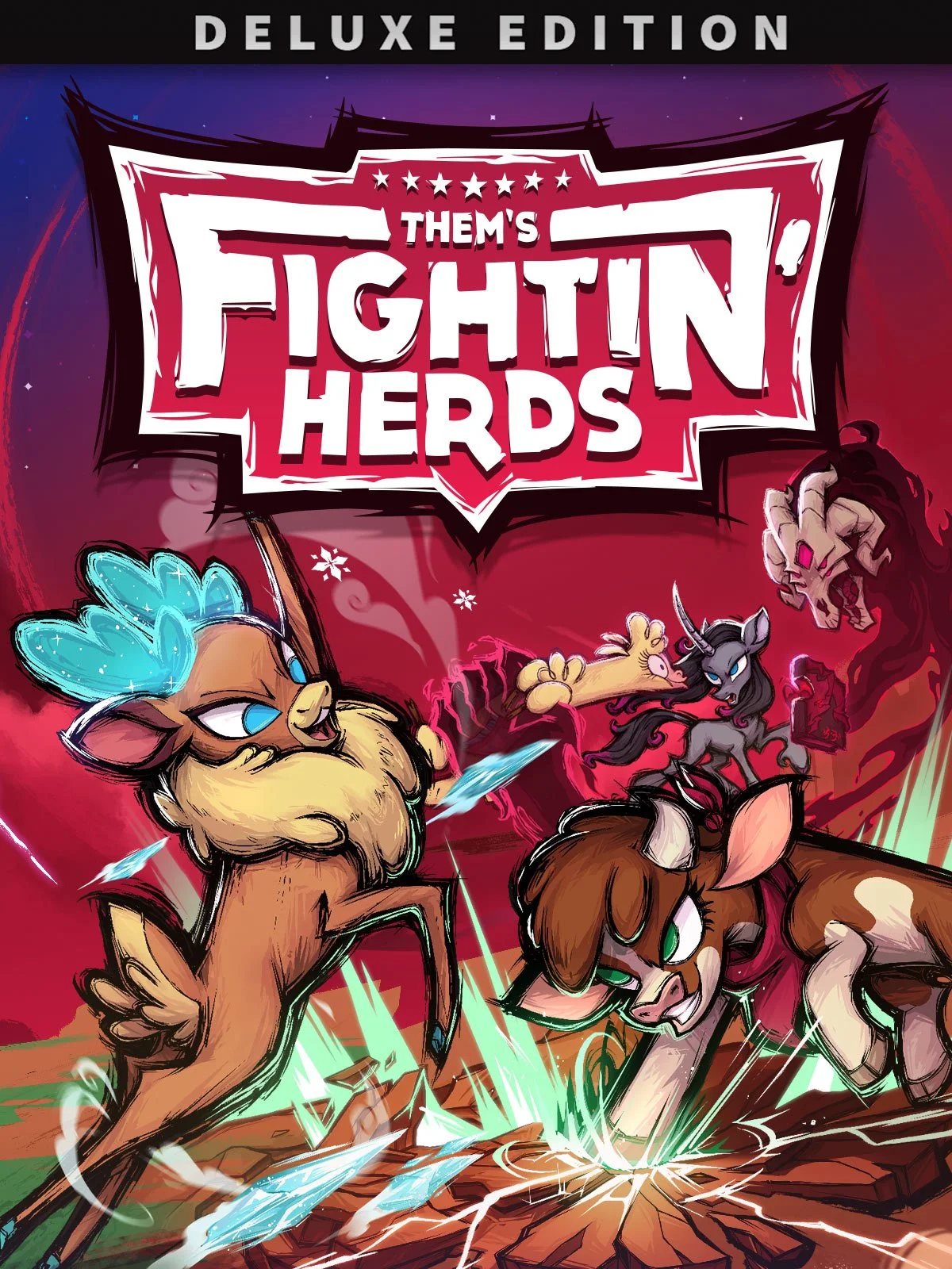 Cover art for a video game titled "Them's Fightin' Herds Deluxe Edition" showing colorful cartoon-style fighting animals, including a lion, a goat, and a unicorn, in a battle scene on a red and purple background.