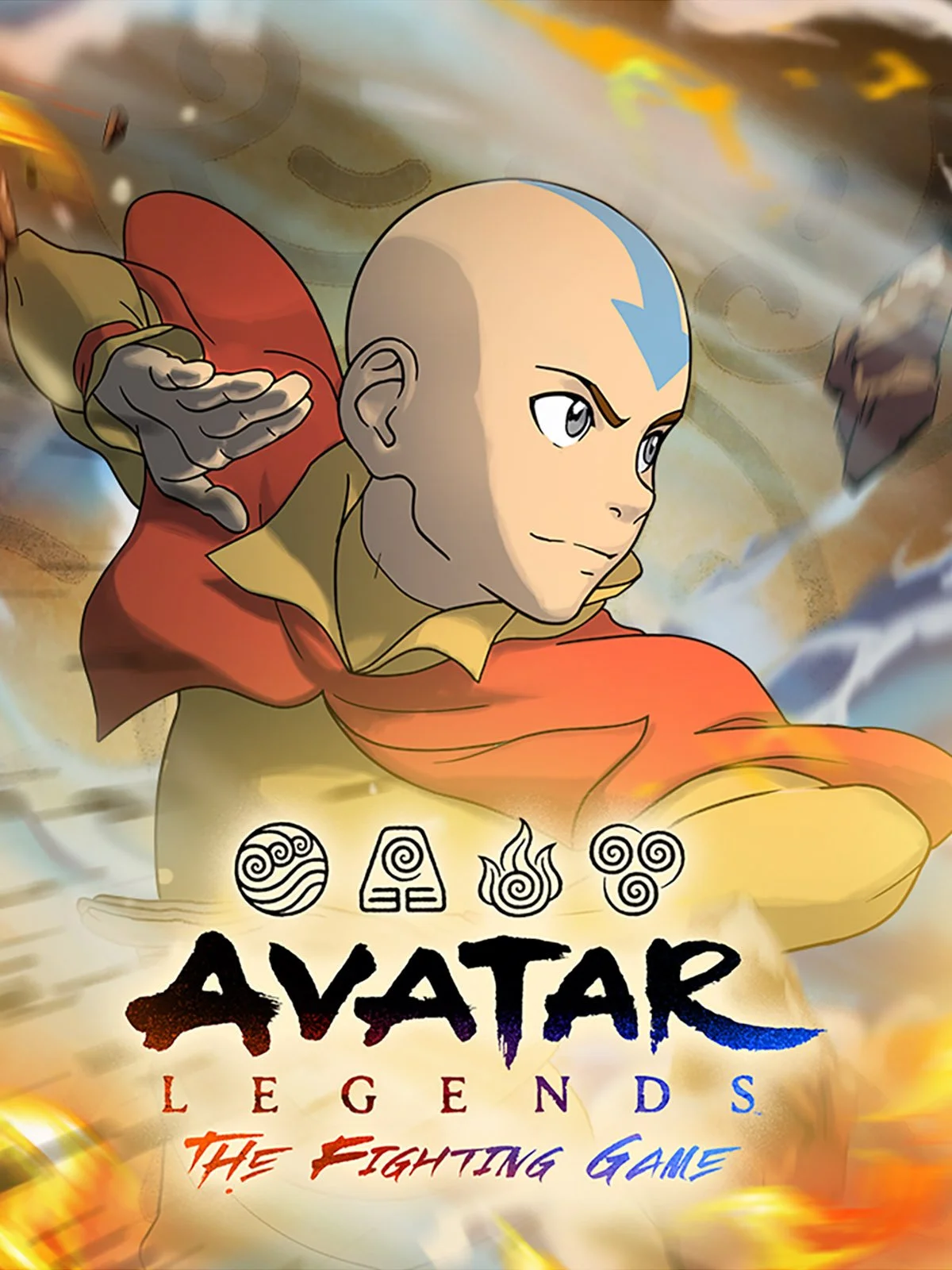 Cover art for the video game "Avatar: Legends - The Fighting Game" featuring Aang in a fighting stance with a background of swirling clouds and fire.