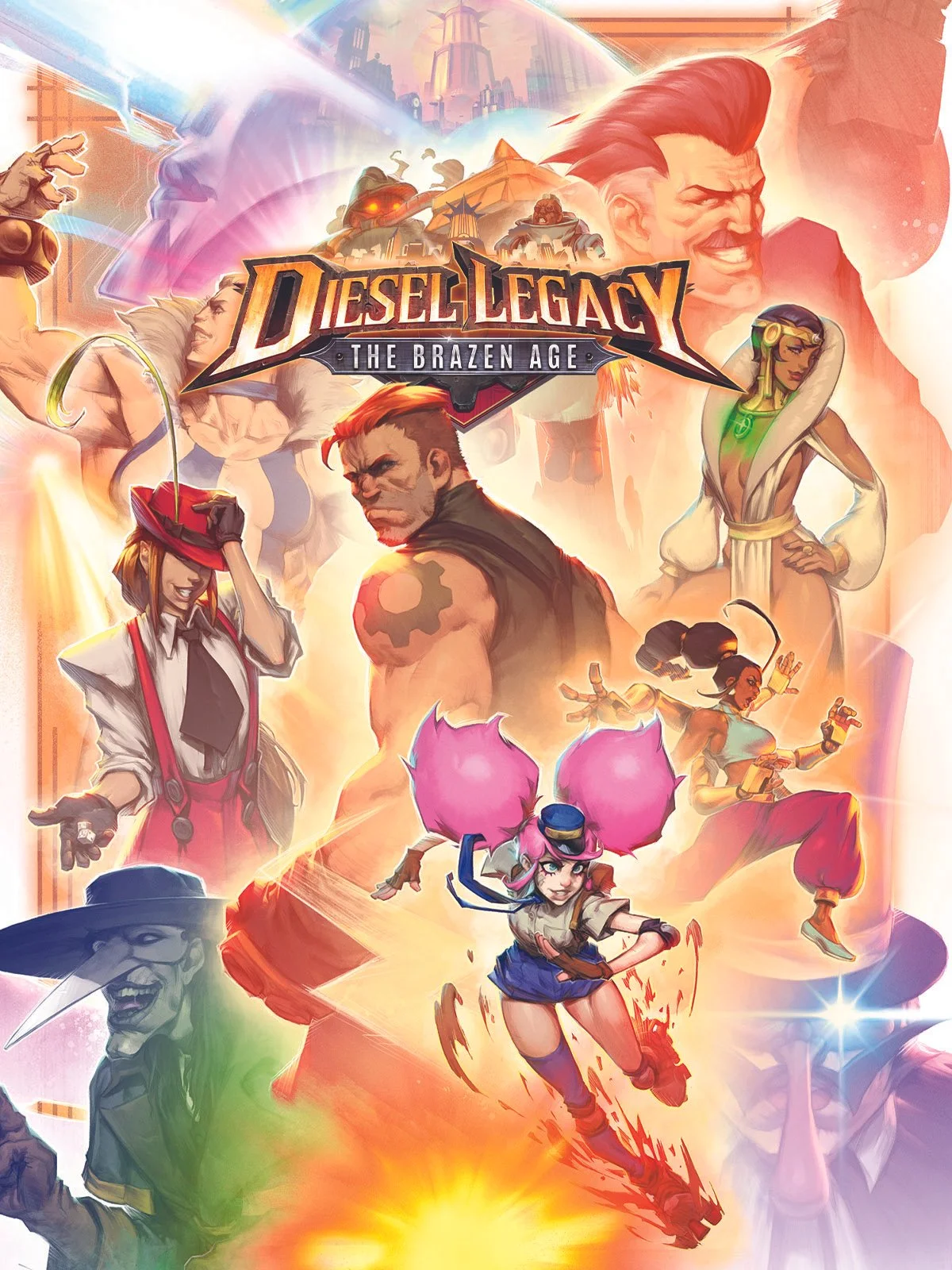 Colorful illustration for the game Diesel Legacy: The Brazen Age showcasing diverse characters including a muscular man with red hair, a woman with pink hair, a woman with a hat and cigarette, and other fantastical figures in dynamic poses against a vibrant city background.