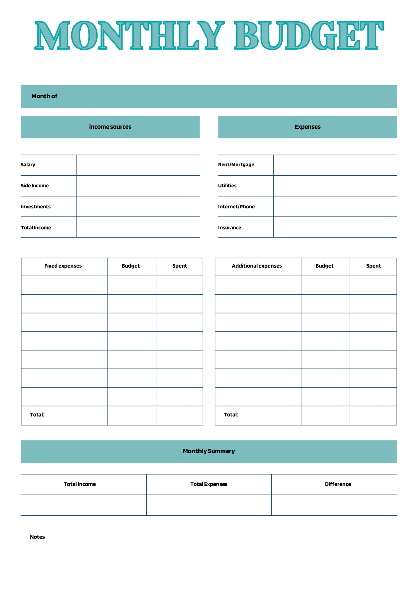 Aqua and white PDF that has fields for income and expenses to help you plan a monthly budget.
