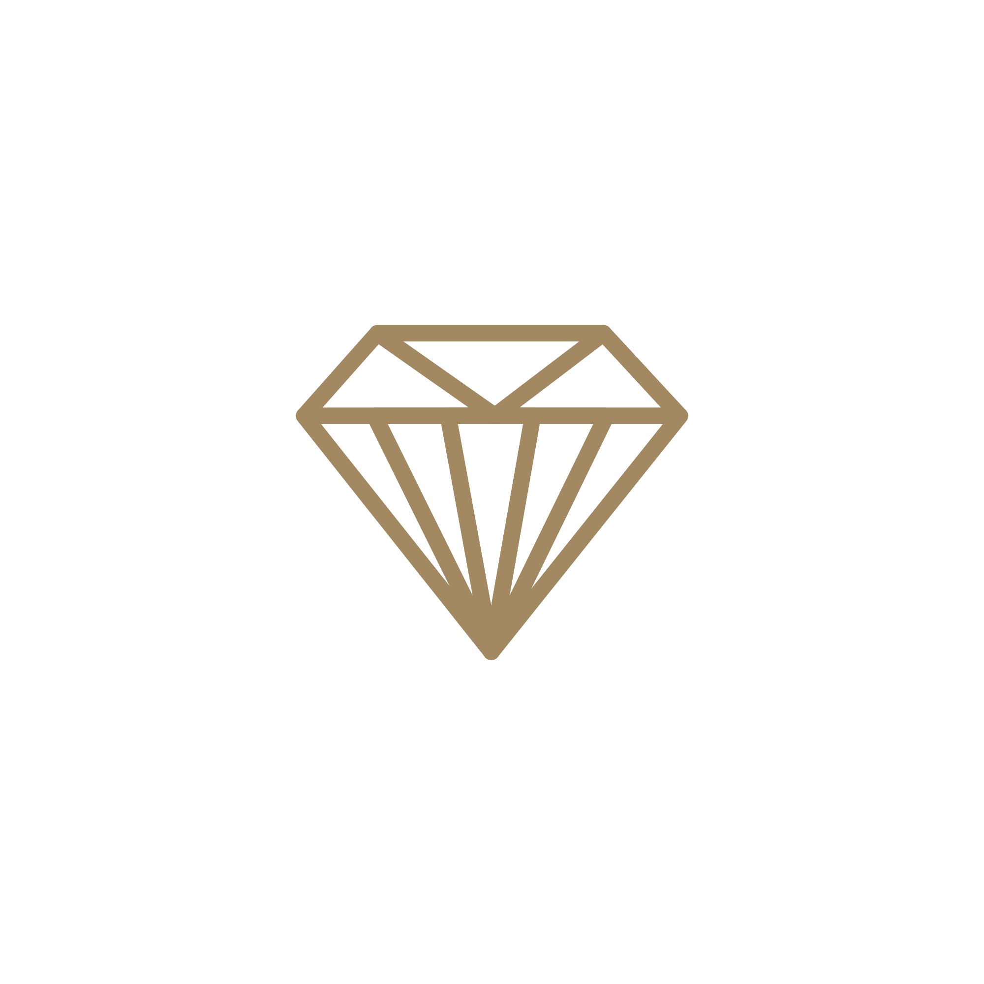 A simple line drawing of a diamond with multiple facets, outlined in a beige color on a black background.