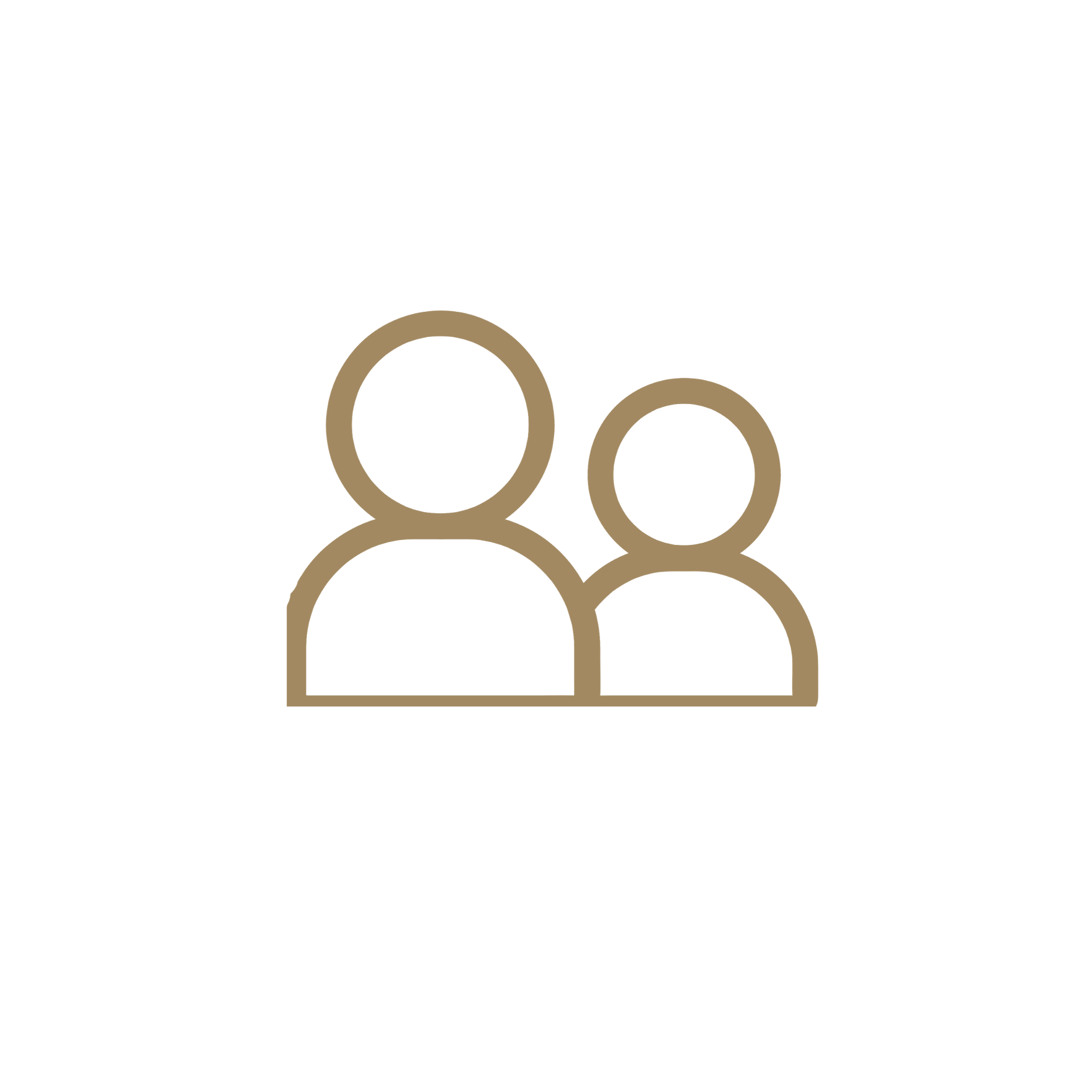Line drawing of five people with circles at their shoulders, some overlapping, against a black background.