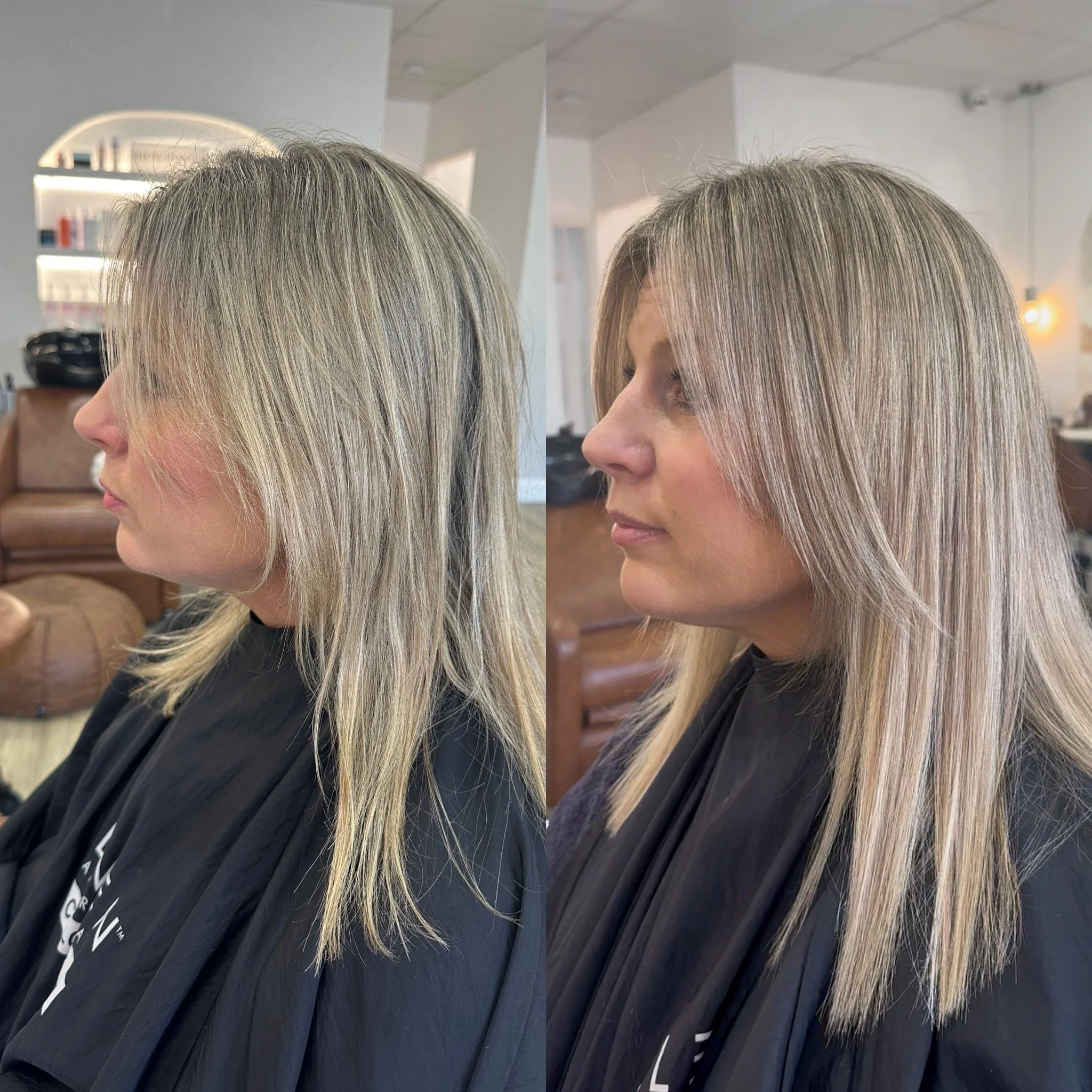 Side-by-side comparison of a woman's hair before and after extensions to fill in fine sides, showing her blonde hair styled straight and slightly layered