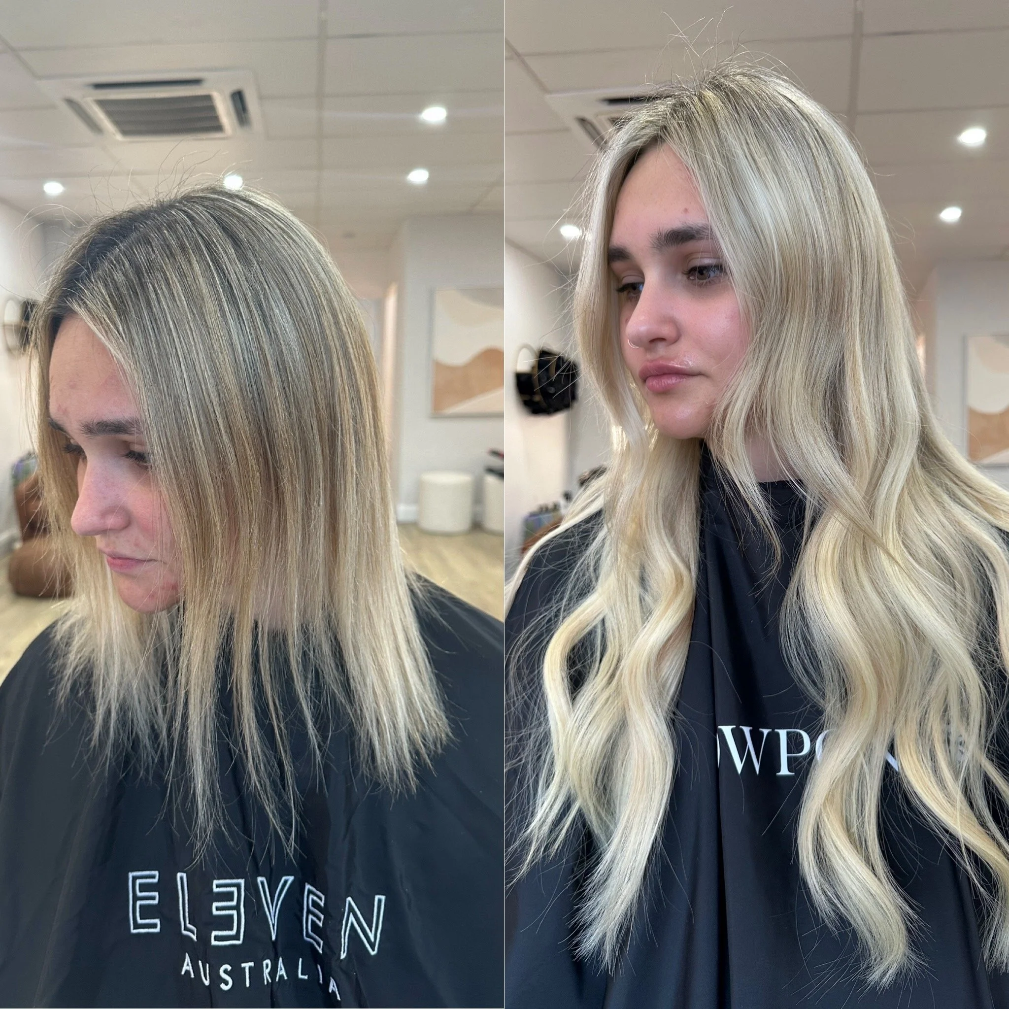 Side-by-side before and after images of a woman showcasing a hair extension transformation with longer, wavy, blonde hair after a styling session.