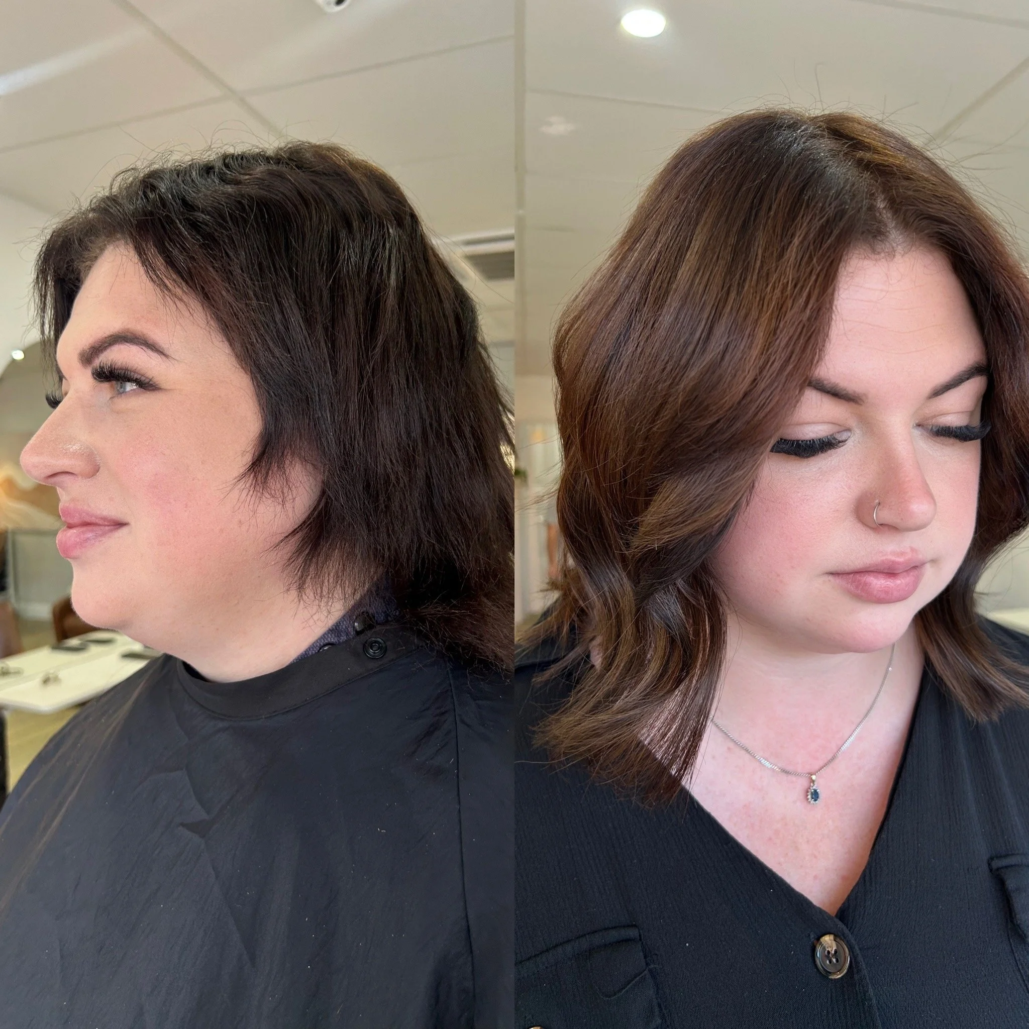 Side-by-side comparison of a woman with short, dark, wavy hair before and after  hair extensions and nanoplasty transformation, with her eyes closed in the after photo.