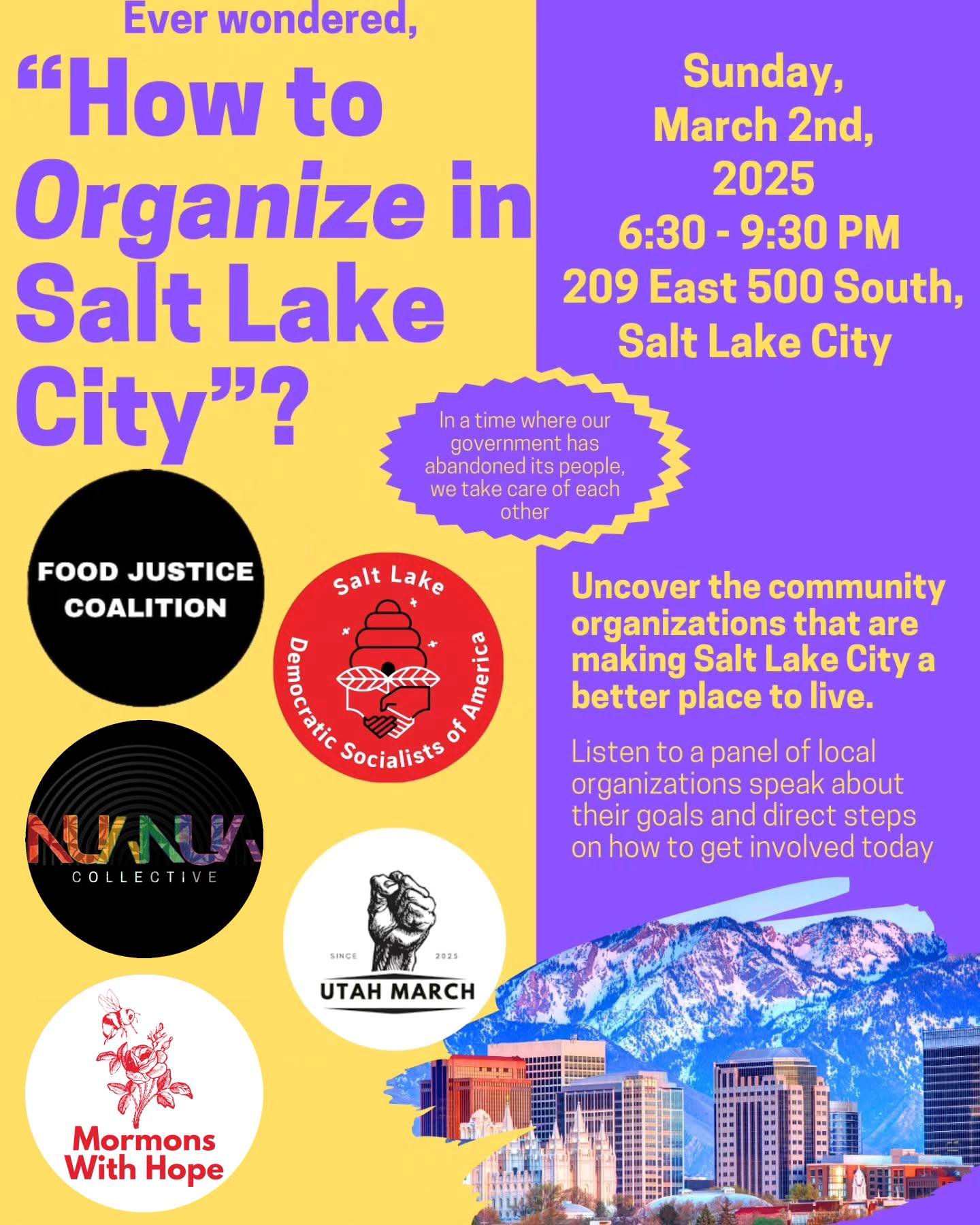 We are happy to join incredible organizations dedicated to justice this upcoming Sunday for the &quot;How To Organize In Salt Lake City&quot; event hosted by @kensandersbooks!

We will speak alongside the following organizations, discussing community