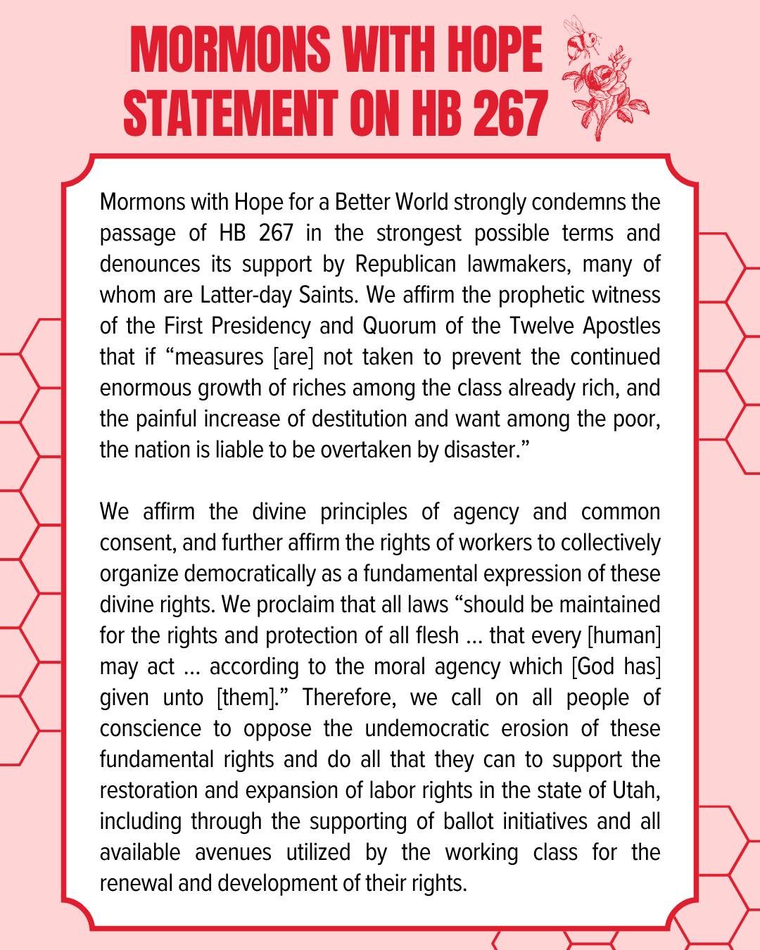Mormons with Hope for a Better World stands in solidarity with public labor unions in Utah! We condemn the passage of HB 267 in the strongest possible terms. We believe the doctrine, teachings, and history of Latter-day Saints compel Mormons everywhe