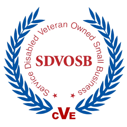 Logo of SDVOSB with a blue laurel wreath around it, indicates that the company is a  Service Disabled Veteran Owned Small Business.