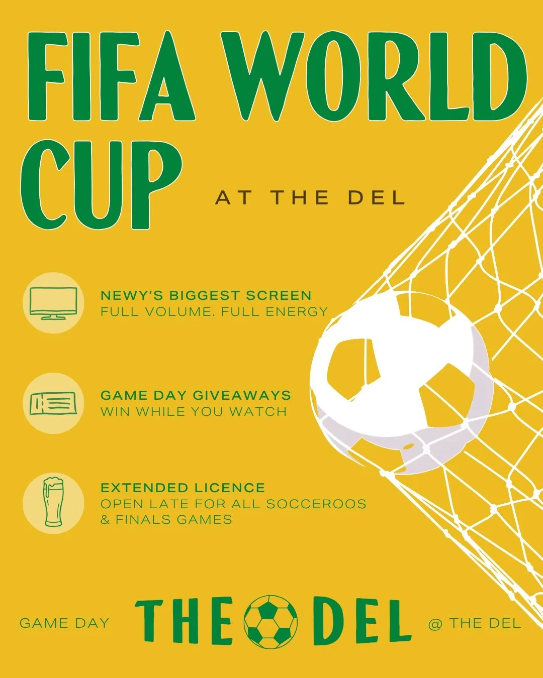 FIFA WORLD CUP AT THE DEL ⚽️🥅🏟️
This year we&rsquo;re your home of FIFA

We&rsquo;ve decided to DECK OUT level one for the ultimate game day experience. Plus we&rsquo;ve scored an extended licence for all Socceroos and finals games&hellip; 

Yep&he