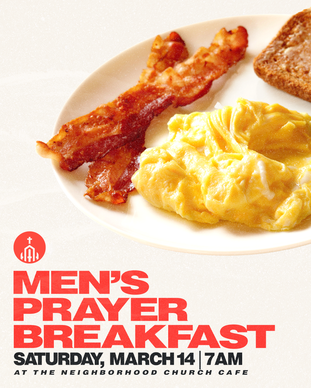 Men's Prayer Breakfast Title with plate of breakfast food
