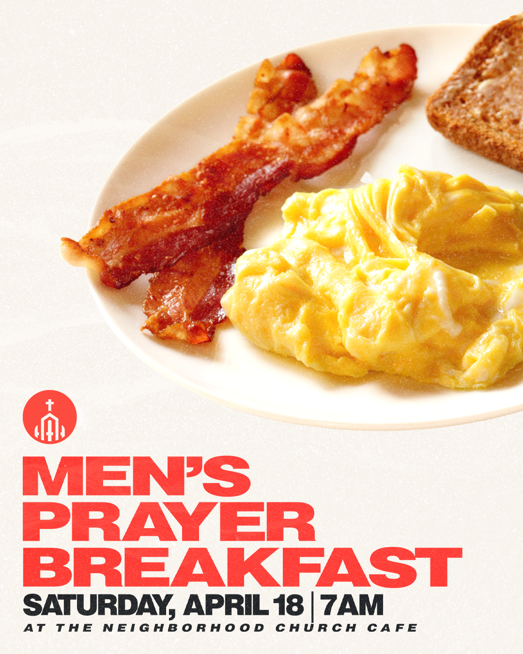 Men's Prayer Breakfast Title with plate of breakfast food