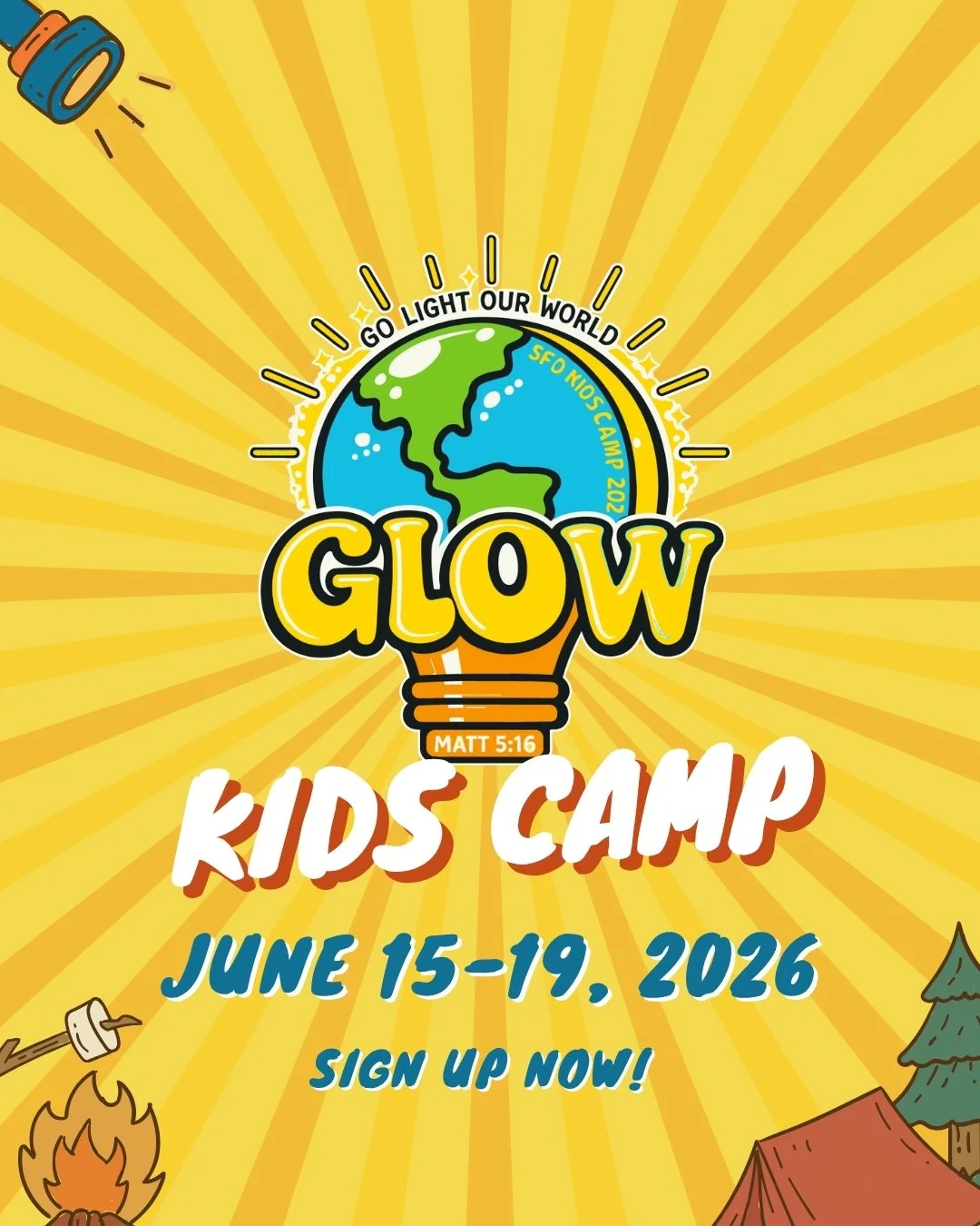 A picture of Earth in the shape of a Lightbulb  with a text saying "Glow Kids Camp"