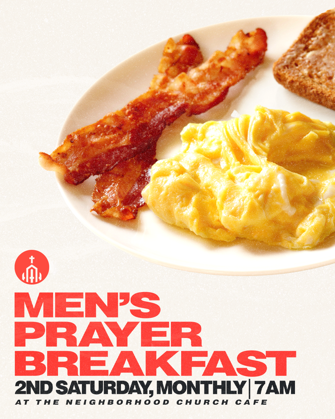 Men's Prayer Breakfast Title with plate of breakfast food