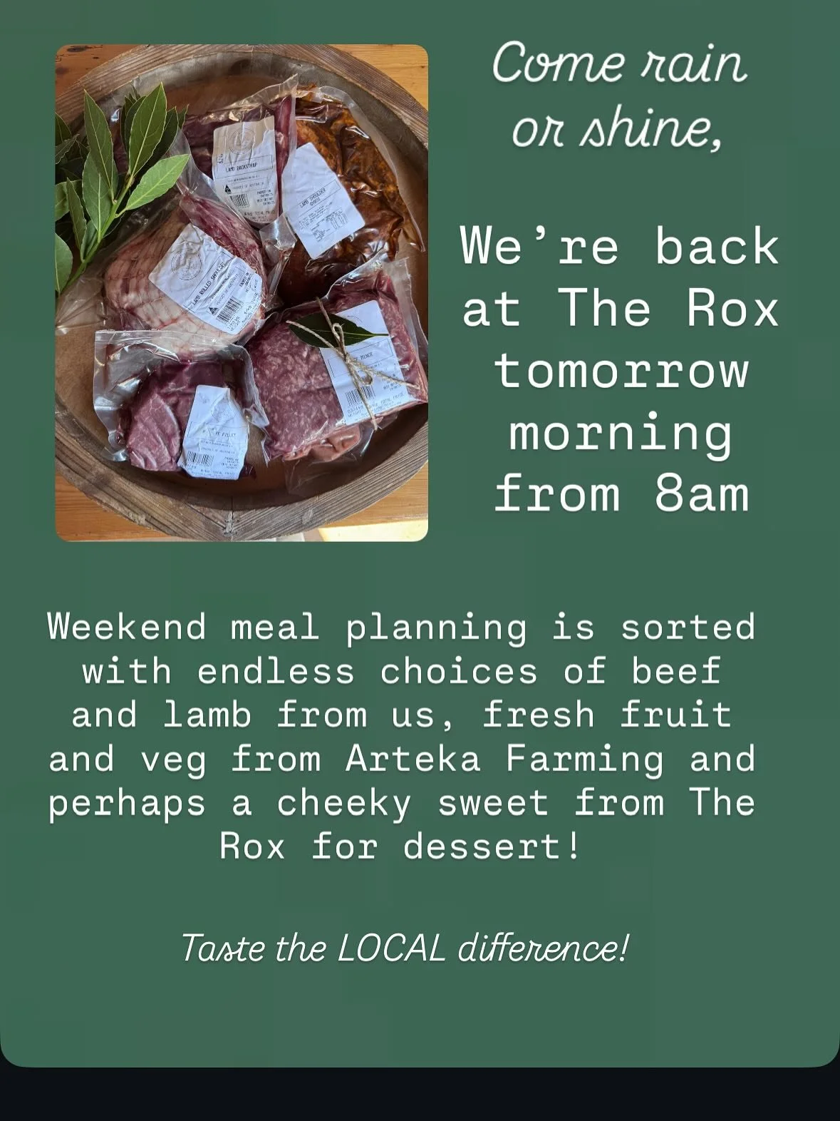 M A R K E T D A Y 

We are excited to be returning to The Rox again tomorrow morning, especially as we will be there with Bec and Arty from Arteka Farming! To be honest, we think we have this market job sorted - perfect location, an endless supply of