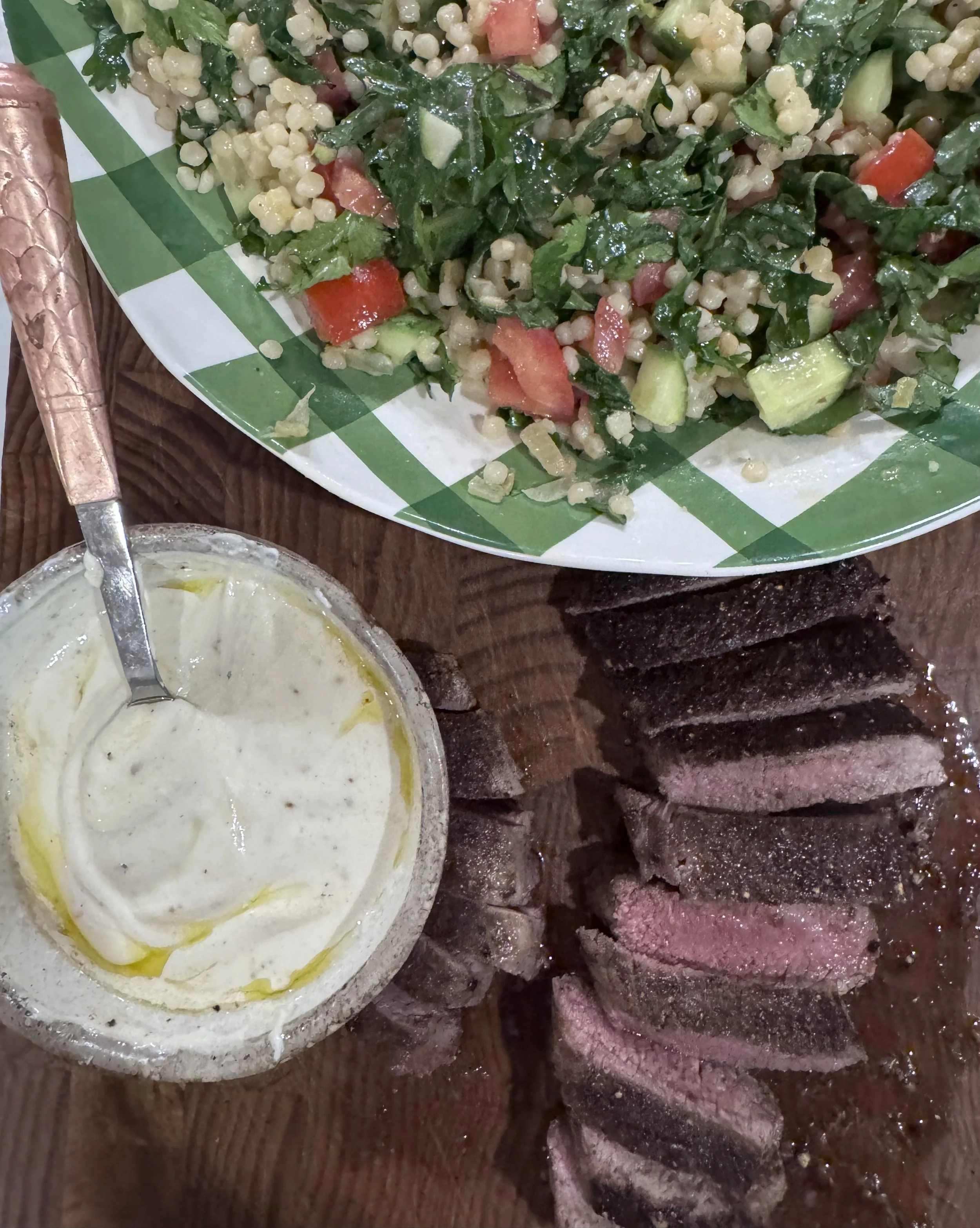 Marinated Lamb Backstrap with Roasted Vegetable Salad and Minted Yoghurt