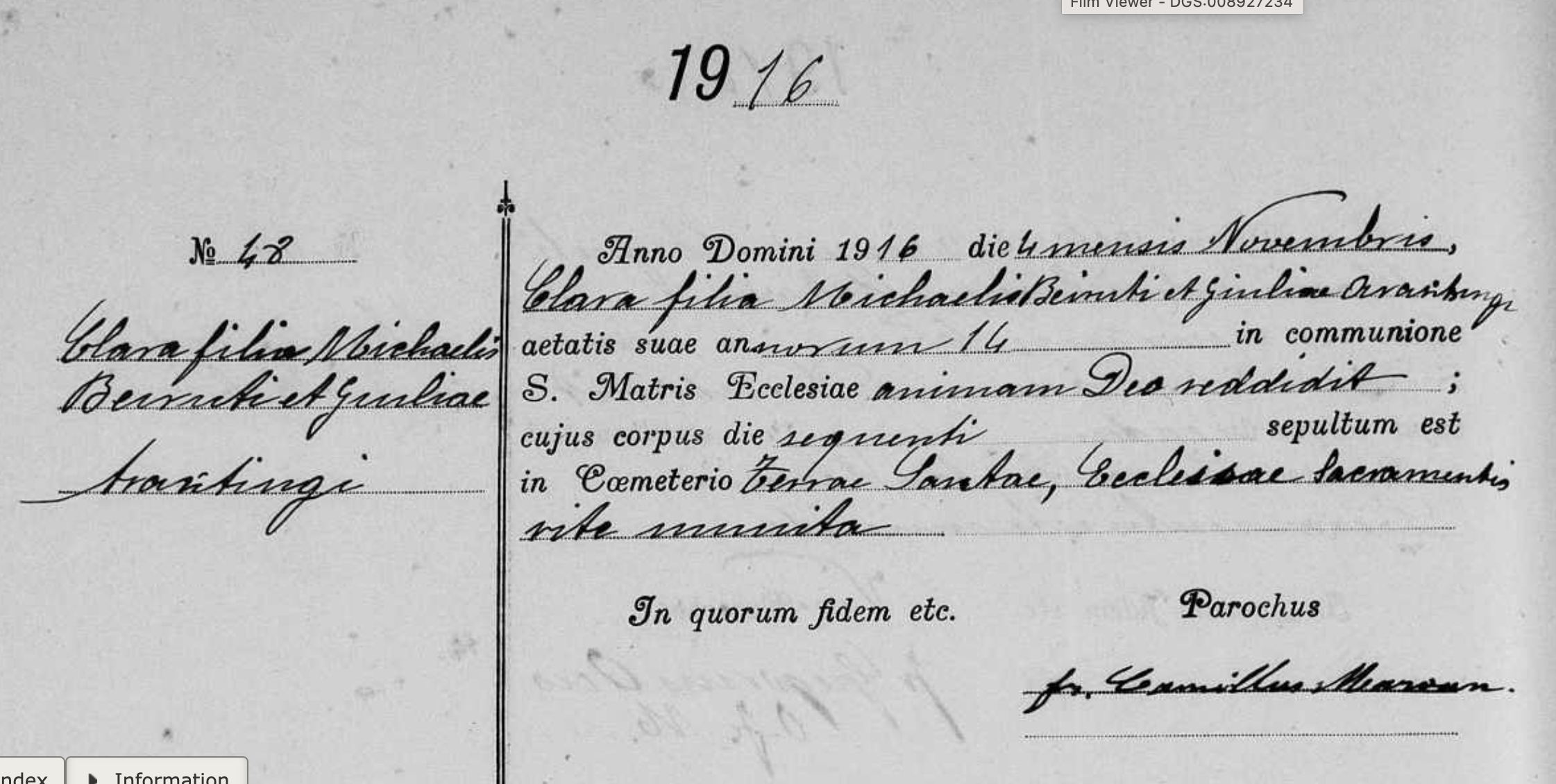 Saint Anthony Latin Church, death record for Claire Berouti, Jaffa, 1916
