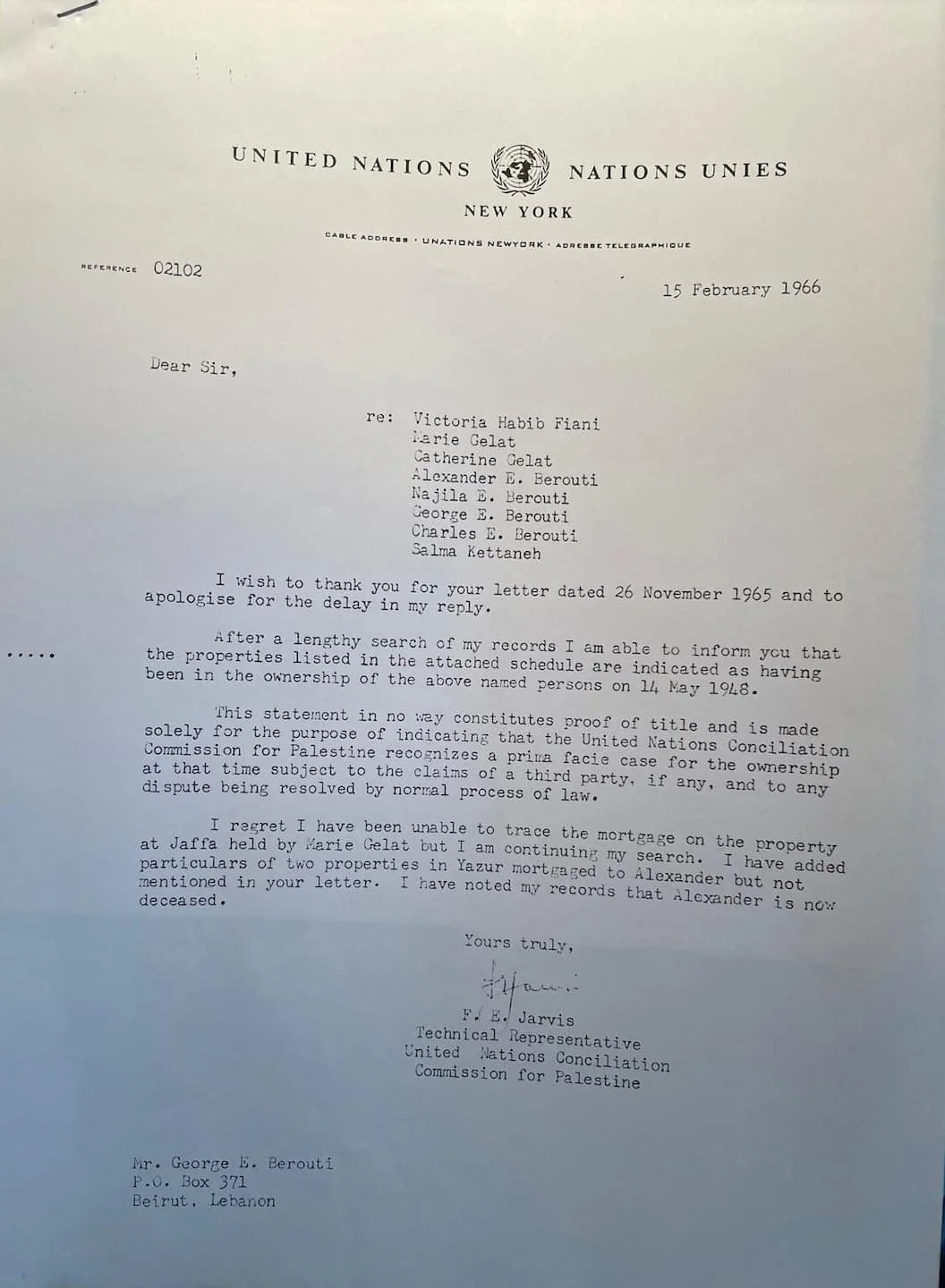 George Emile Berouti’s Correspondence with the United Nations Regarding His Family’s Dispossessed Properties in Palestine