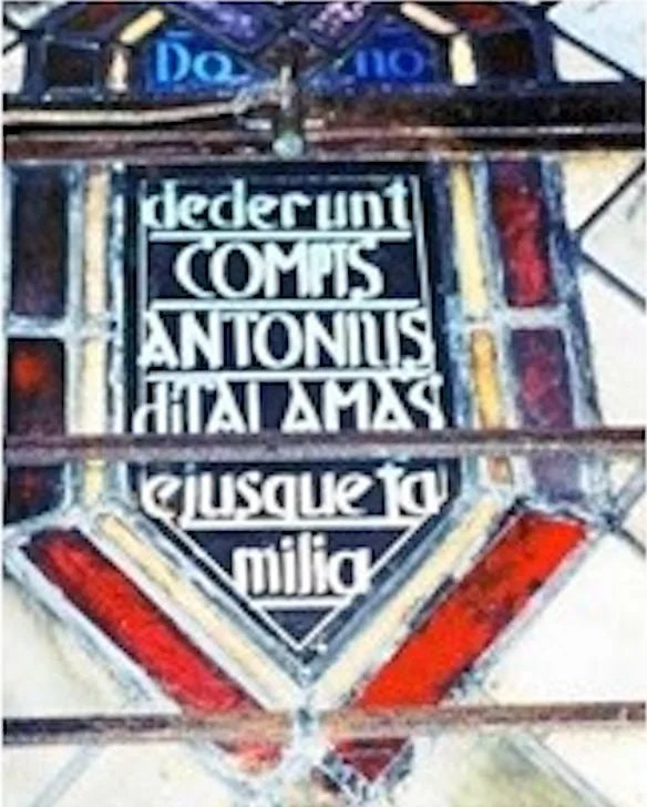  Stained-glass window bearing the name of Count Anton de Talamas and his family 