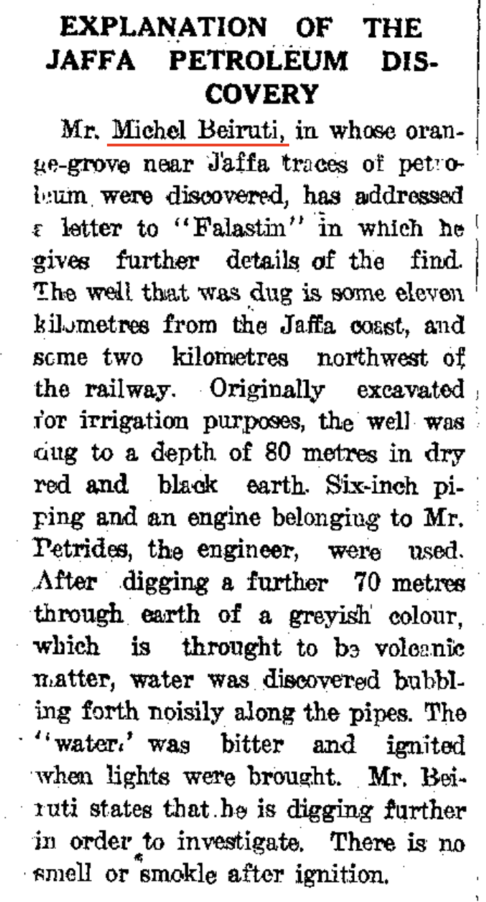 The Palestine Bulletin, 30 June, 1926. The original article, written by Michel Berouti in "Falastin" and mentioned here, can be found in the section "Michel Berouti's Writings", under "Archives".