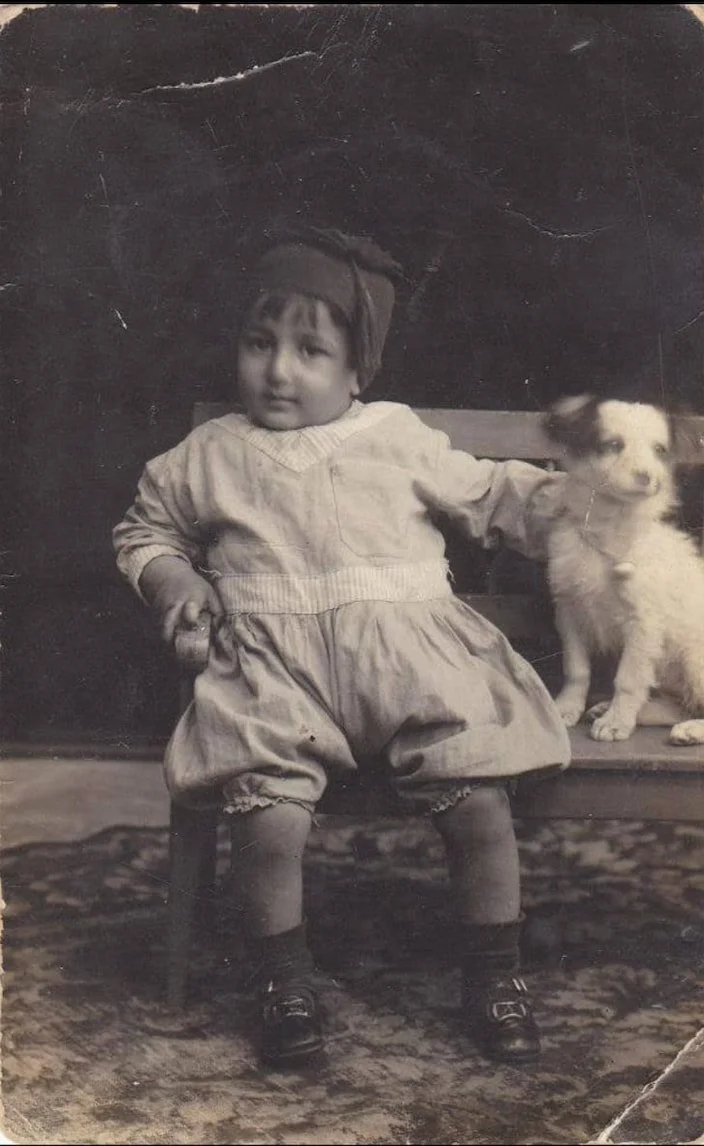 Charles Emile Berouti, with his dog, Bruno, Jaffa, ca. 1918
