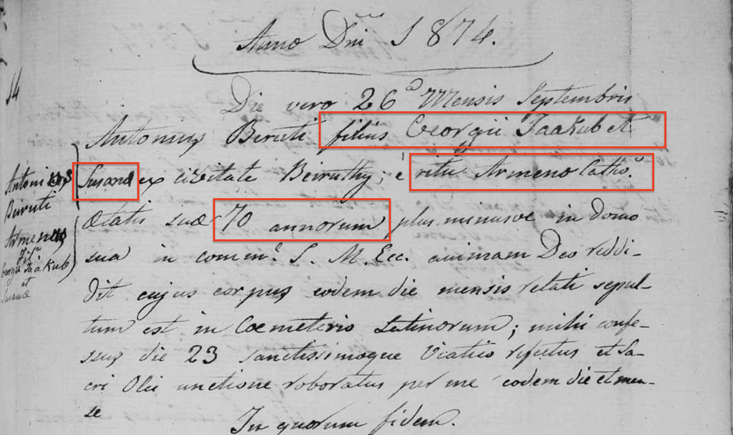 St. Anthony Latin Church death record for Antoine Berouti, Jaffa, 1874