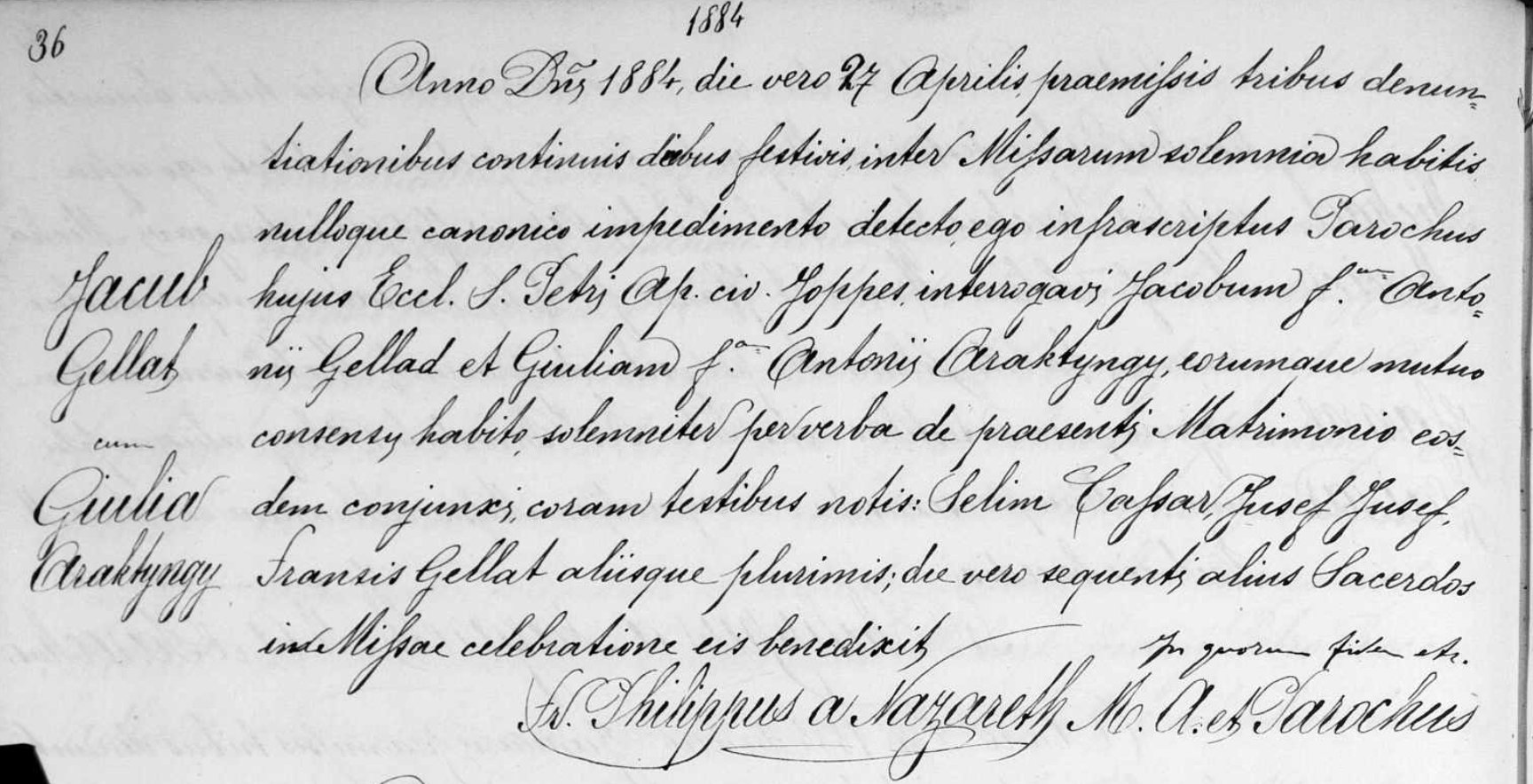 Saint Anthony Latin church marriage record Araktingi Gelat, Jaffa, 1884