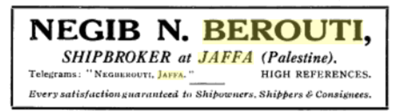 Advertisement, Negib Berouti, Shipbroker, from Syren and Shipping Illustrated, Volume 120, 1926.