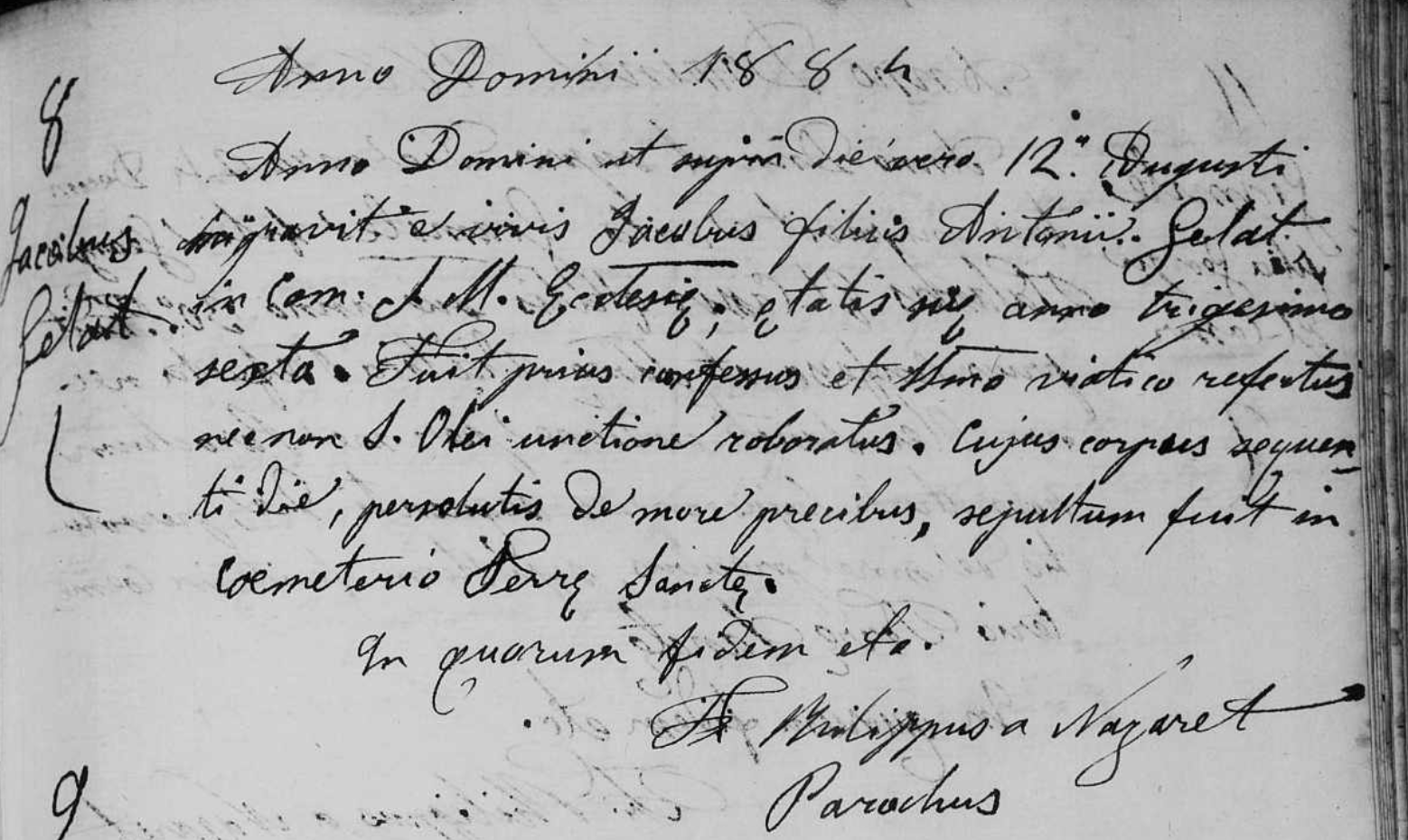 St. Anthony Latin church, death record for Yacoub Gelat, Jaffa, 1884