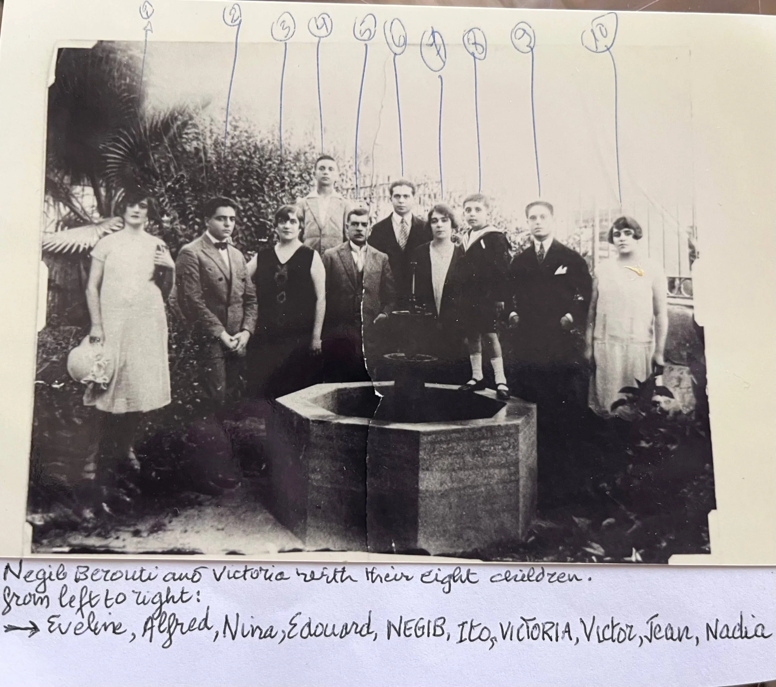 Negib Berouti and Victoria Araktingi with their eight children, ca. 1925.