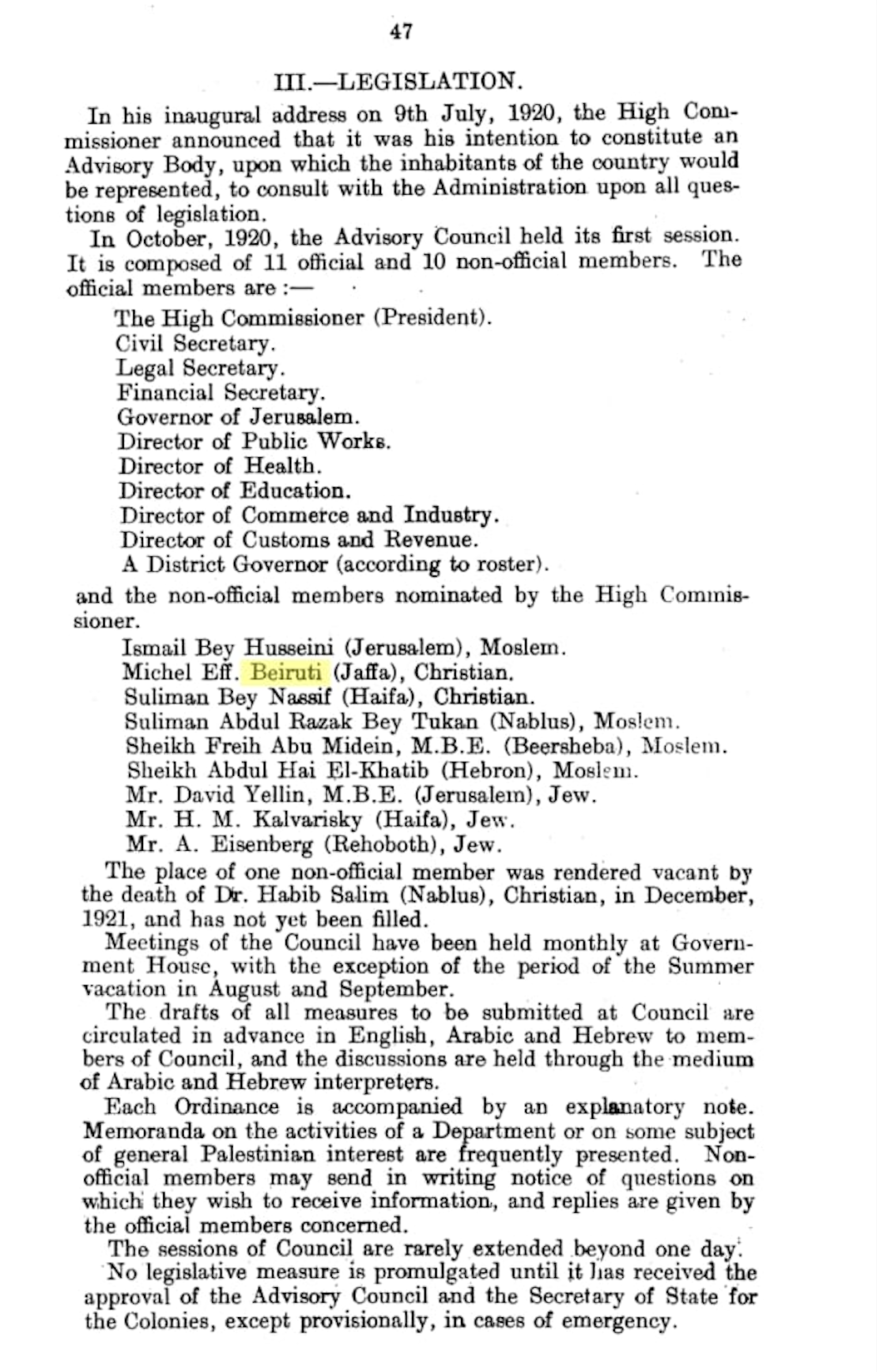 Jaffa Palestine archive, Michel Berouti, Advisory council member, 1920