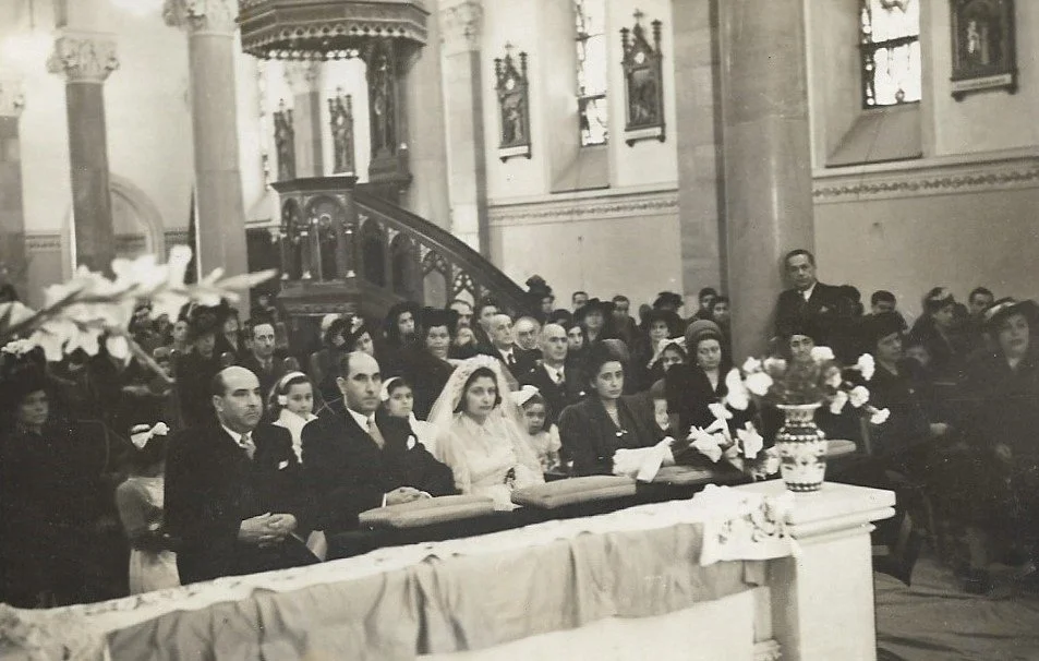 Salma Berouti and Elias Kettaneh's wedding at St. Anthony Latin Church, Jaffa, February 1947. The witnesses were Najla Berouti and Alexandre kettaneh.