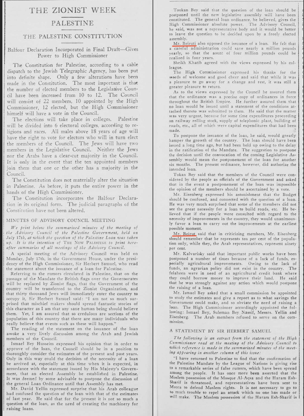 Jaffa Palestine Archive, Advisory Council meeting with Michel Berouti as present, 1922