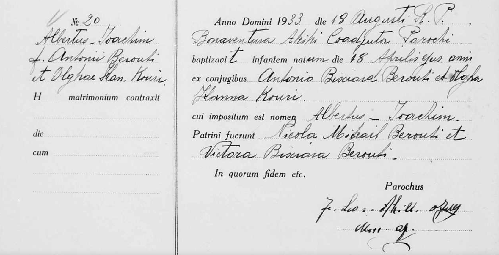 Saint Anthony Latin Church Baptism Record, Albert Berouti, Jaffa 1933