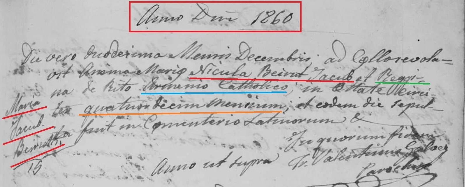 Death Record - Marie Yacoub Berouti, Nicolas Yacoub Berouti and Marie Regina Farajallah's first-born child, December 1860. She died at 14 months. Her parents are noted as being of Armenian Catholic rite.