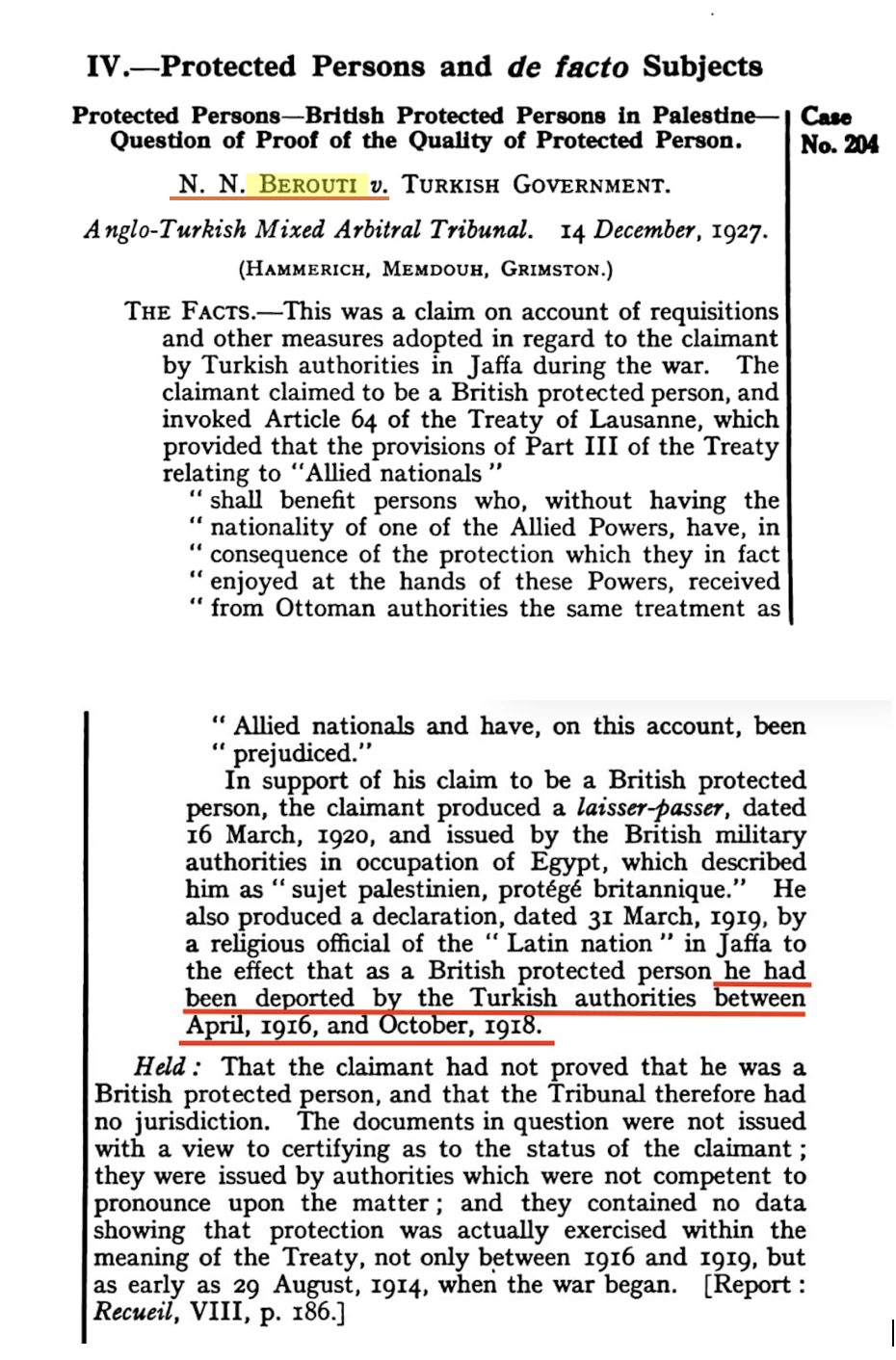 Legal document excerpt detailing a case between N. N. Berouti and the Turkish Government, dated December 14, 1927, involving a claim of British protection by the claimant and related legal findings by the Anglo-Turkish Mixed Arbitral Tribunal.