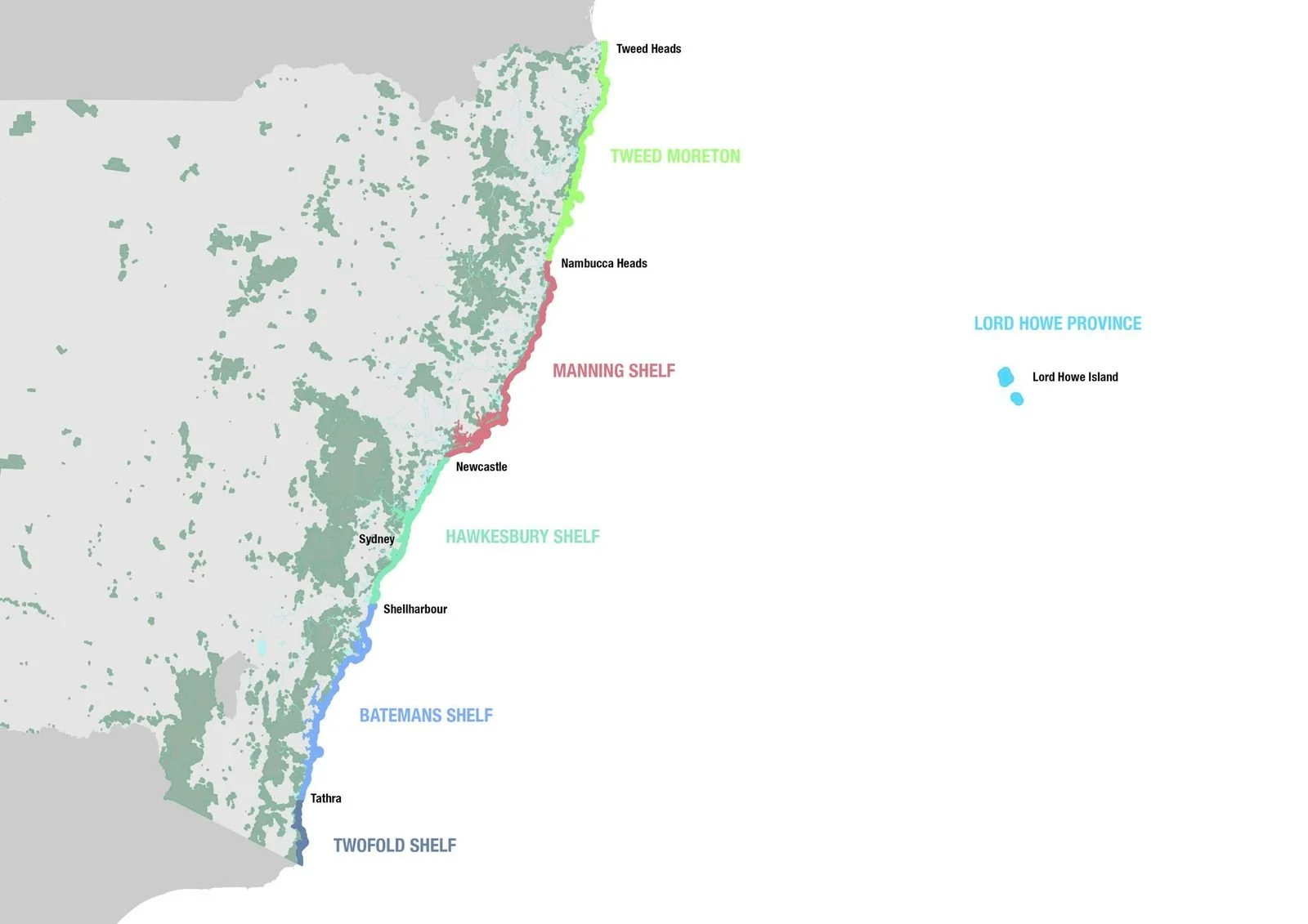 Map of the southeastern coast of Australia showing various geographic regions and locations, including Tweed Heads, Nambucca Heads, Newcastle, Sydney, Shellharbour, Tathra, Lord Howe Island, and labeled shelf regions such as Tweed Moreton, Manning Shelf, Hawkesbury Shelf, Batemans Shelf, and Twofold Shelf.