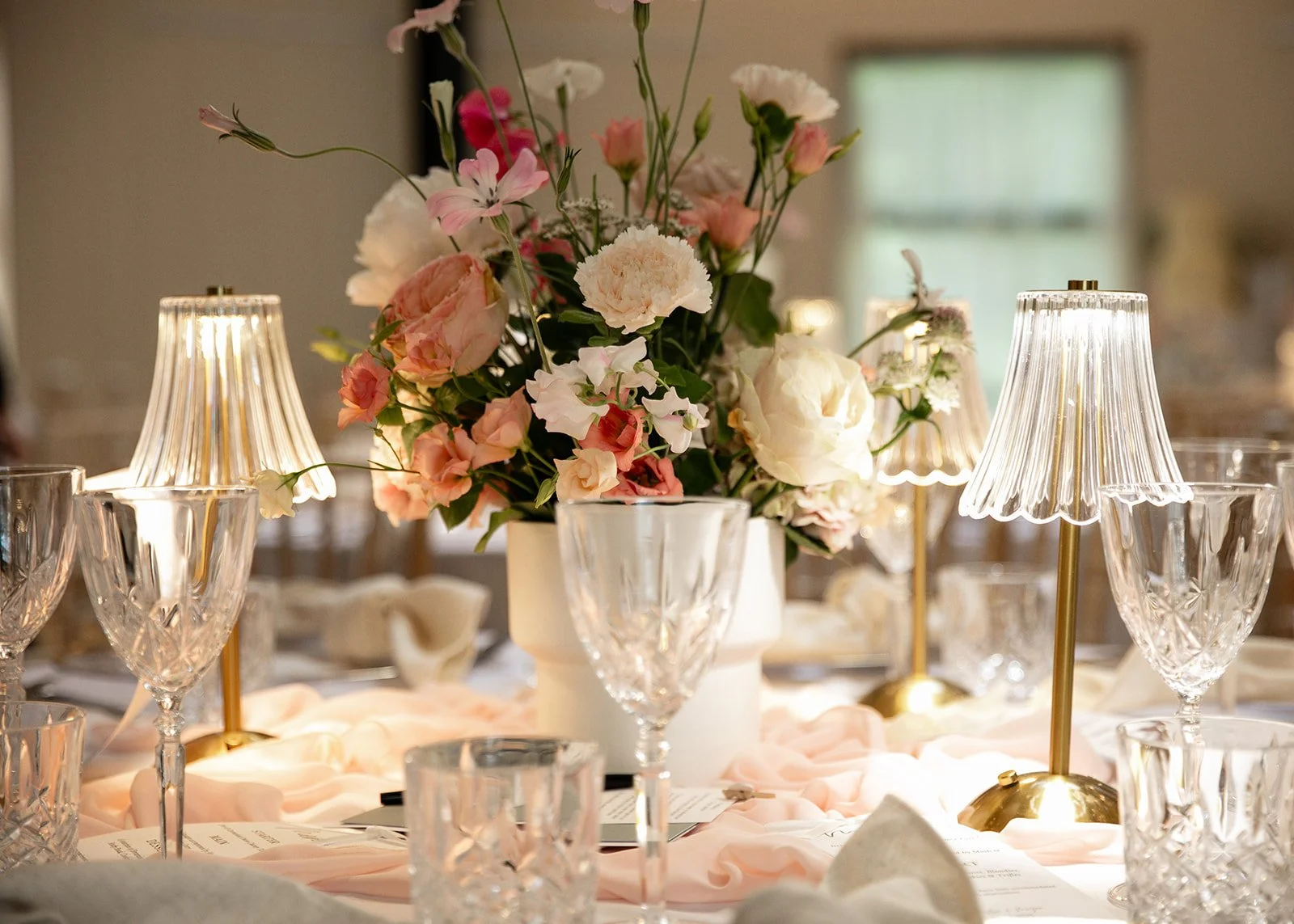 Pink and green wedding centrepieces
