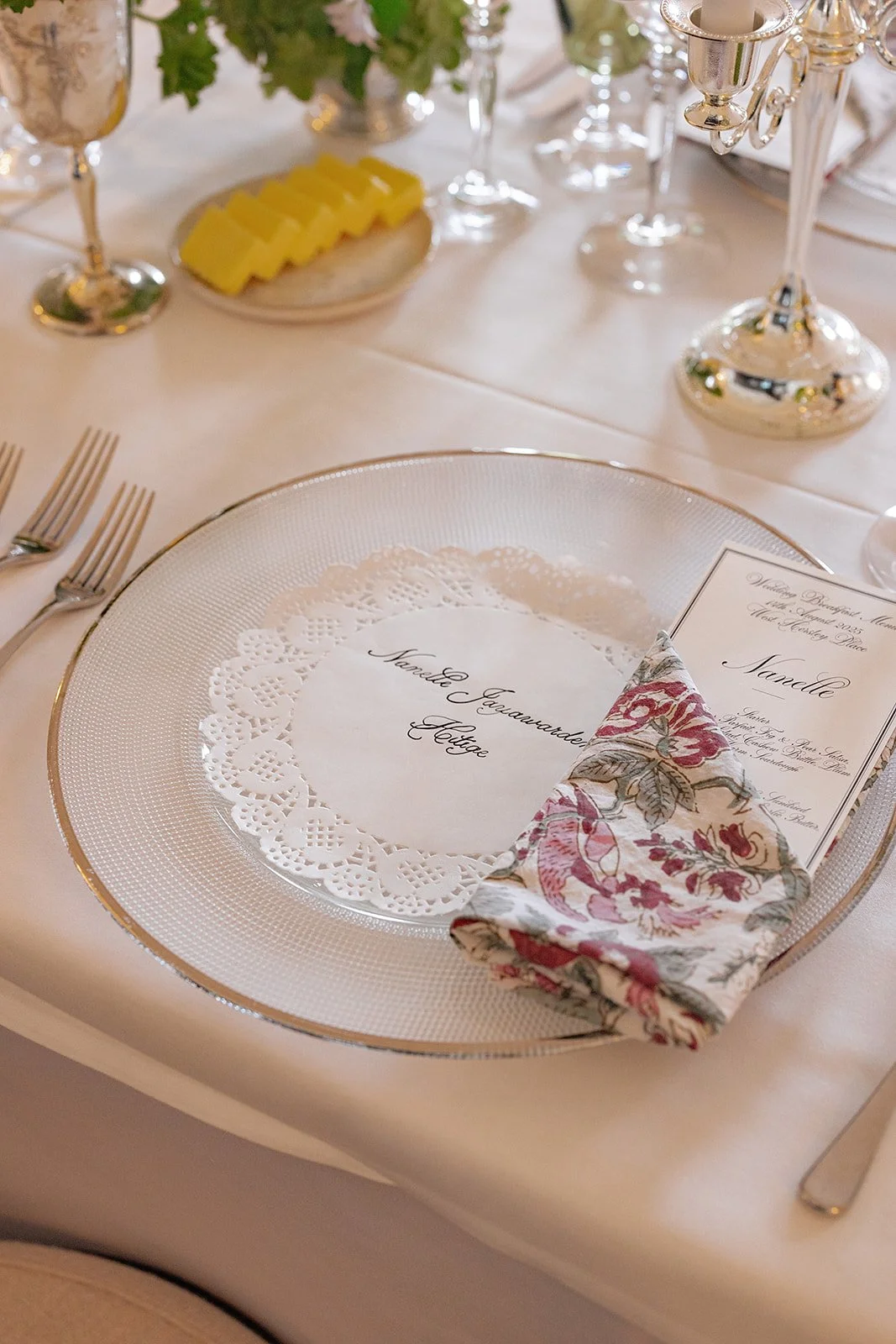 Elegant white and pink wedding tablescape