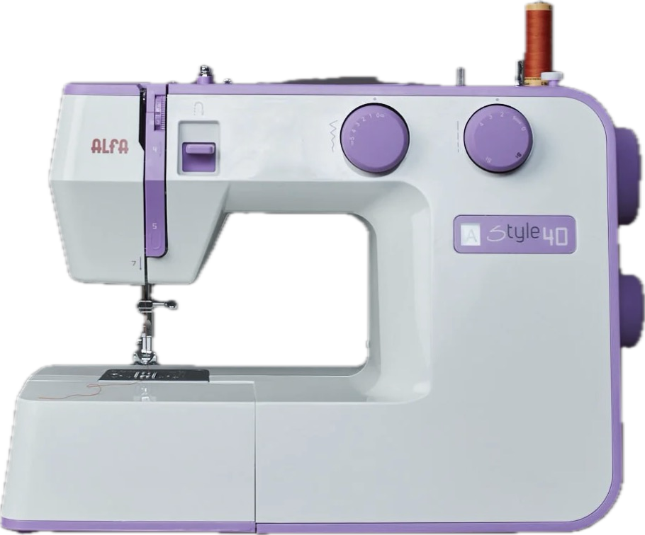 Máquina de coser con diseño en tonos blancos y morados, marca Alfa, modelo Style 40.
