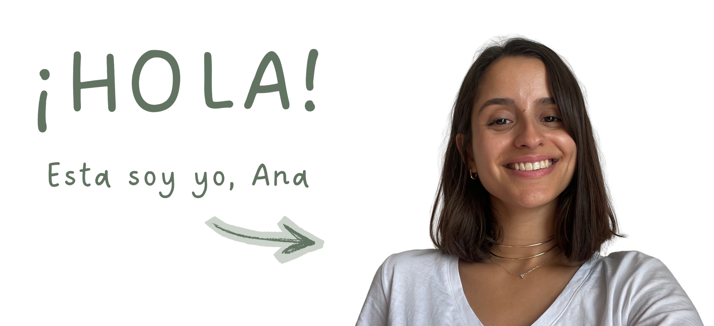 Joven mujer con cabello castaño con ondas, camisa blanca y joyería, sonriendo en selfie, acompañada de texto en español que dice ¡Hola! Esta soy yo, Ana.