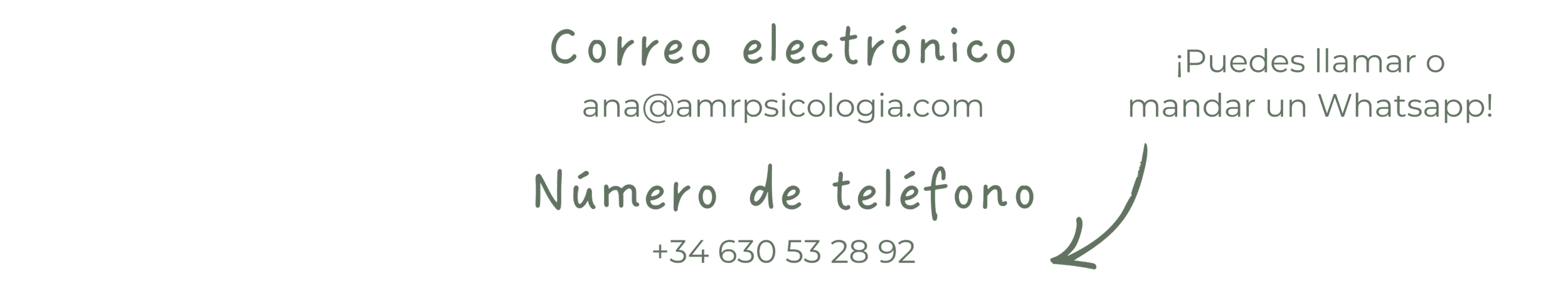 Información de contacto de psicología con correo, teléfono y WhatsApp en letras verdes sobre fondo negro,