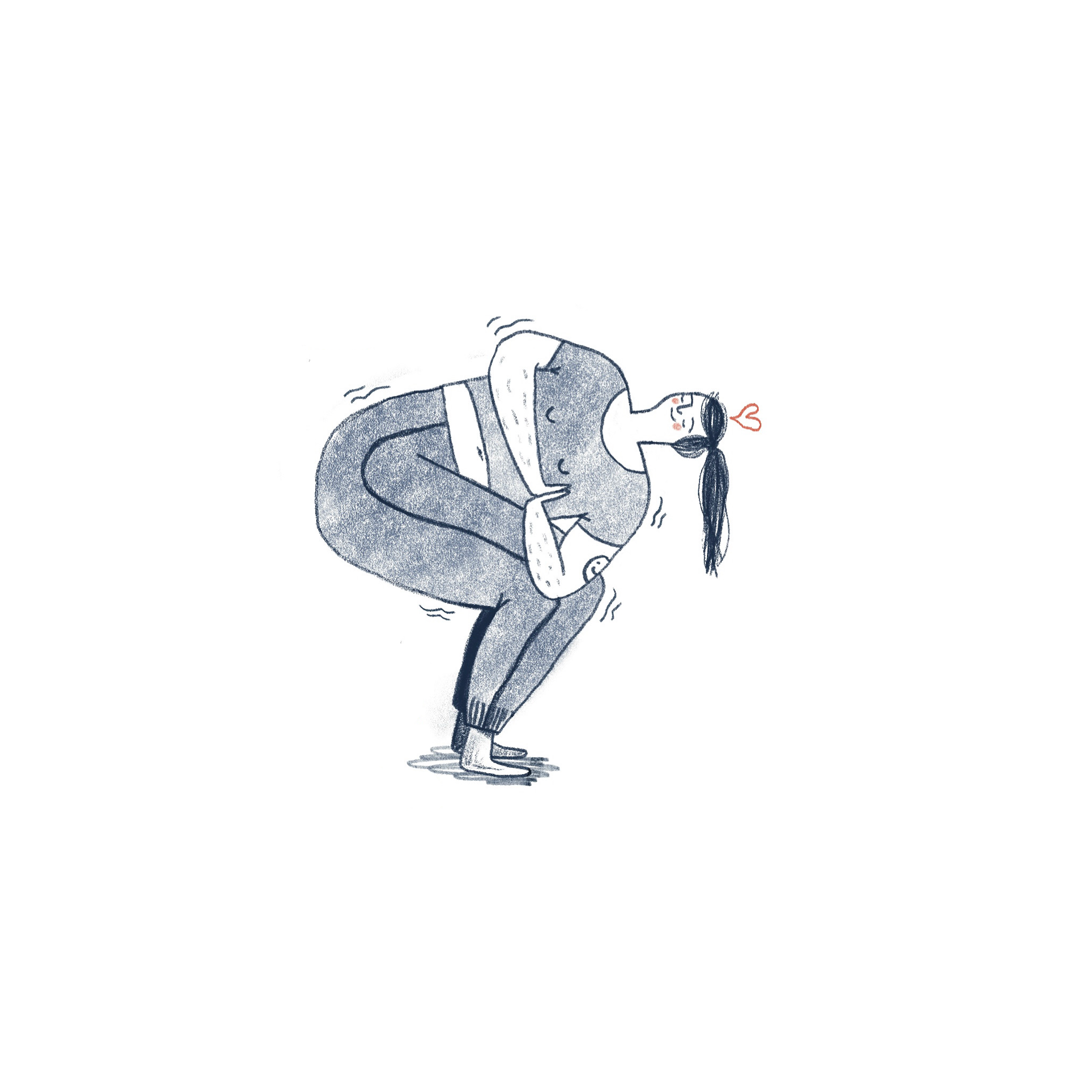 A larger woman doing yoga, smiling with closed eyes, a small red heart above her head, wearing a t-shirt and sweatpants, with long black hair in a ponytail.