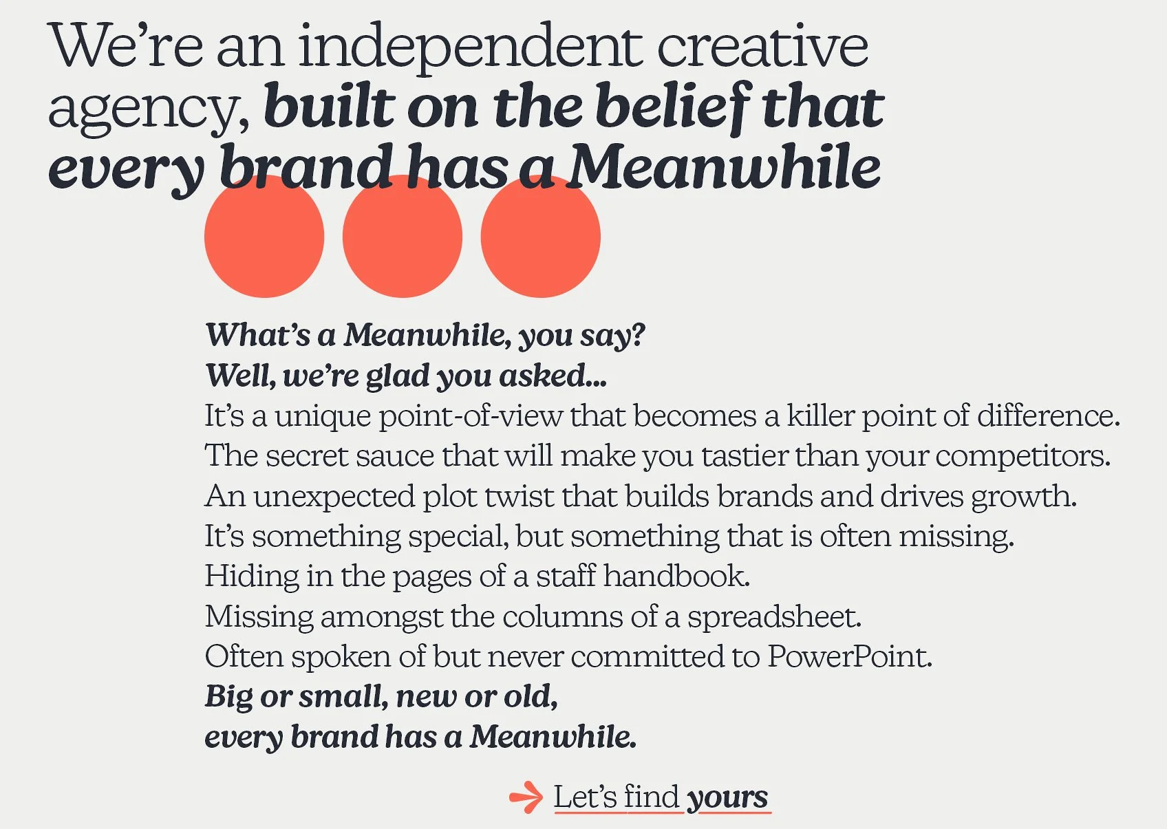 Text about an independent creative agency emphasizing a unique perspective, brand growth, and an analogy to a